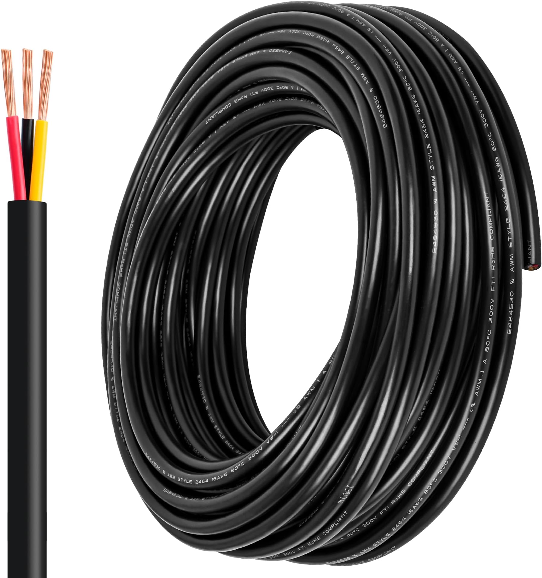 14 Gauge Wire 3 Conductor,14 AWG Electrical Wire Stranded PVC Cord Oxygen-Free Copper Cable,100FT 3 Core Pure Copper Flexible Cable Wire for LED Lamp Lighting Strips Automotive (14AWG-3C, 100FT)…