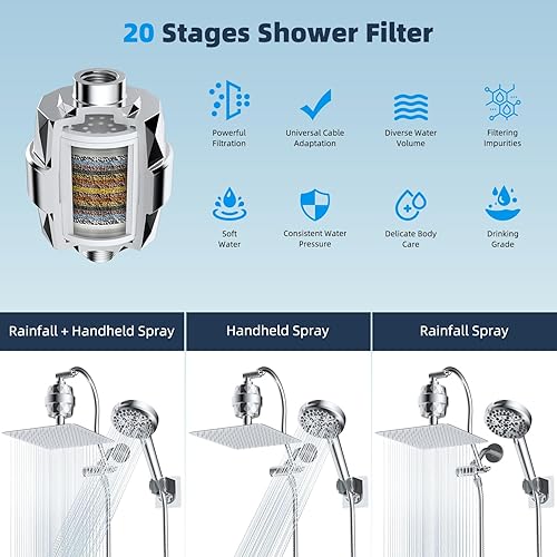 Miniatura 7 de Hibbent All Metal - Cabezal de ducha de 10 pulgadas con doble filtro, cabezal de ducha de mano de alta presión con brazo de extensión curvado