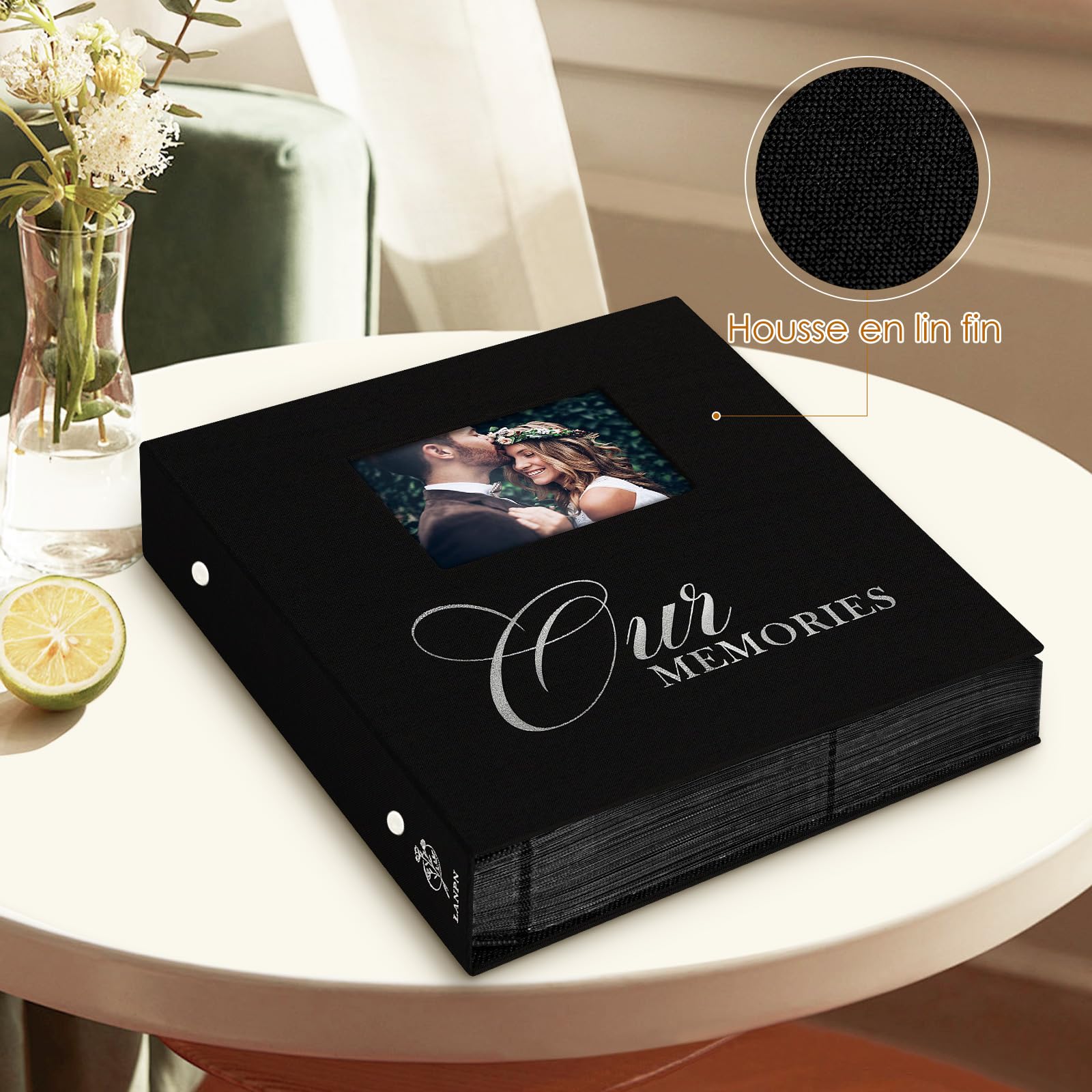 OURMEMORIES Album Photo 10x15 600 Poches – Grand Format Lin Beige Avec Fenêtre, 120 Pages Horizontal & Vertical
