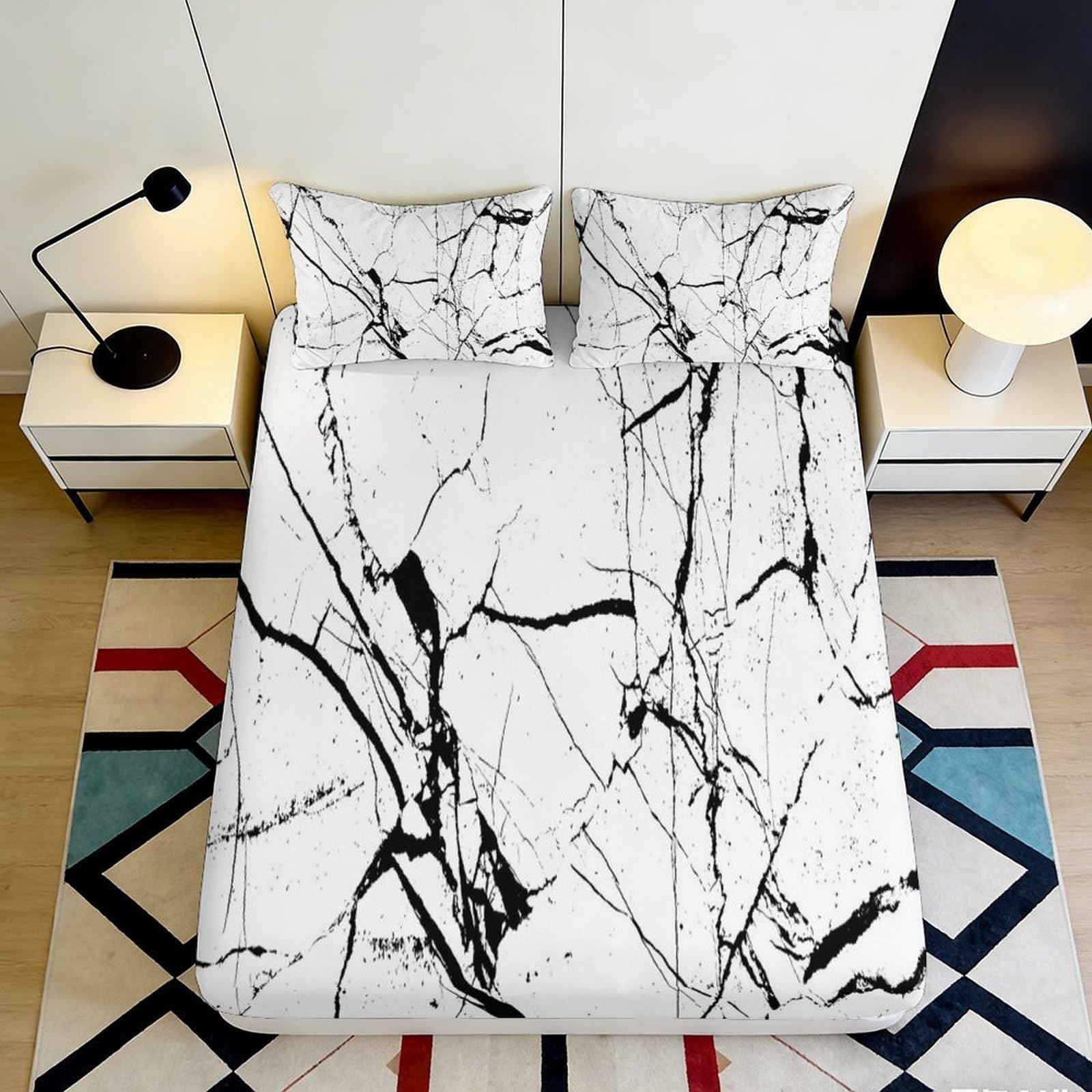 Dhbaneiok Style-5 3D Printed Marble Texture Fitted Sheet Microfiber Soft Anti-Slip Black White Line Mattress Cover For Bedroom Guest Room Decor 90X200x25cm