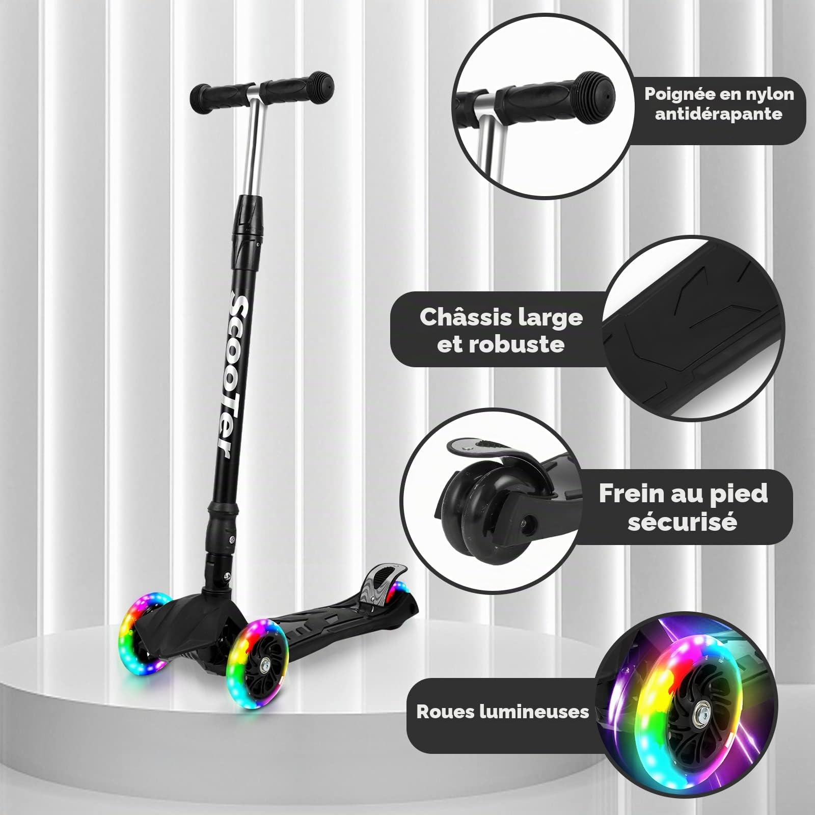Sonnewelt Trottinette Enfant avec 3 Roues LED,Roues Lumineuses,Hauteur réglable，Amortisseur ShockResist Frein & Pliable Trottinette pour Enfants de 3 à 14 Ans