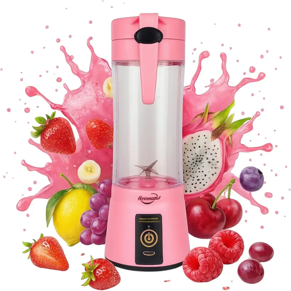 Mini Liquidificador Portátil Recarregável USB, 6 Lâminas, Copo para Sucos e Vitaminas (Rosa)