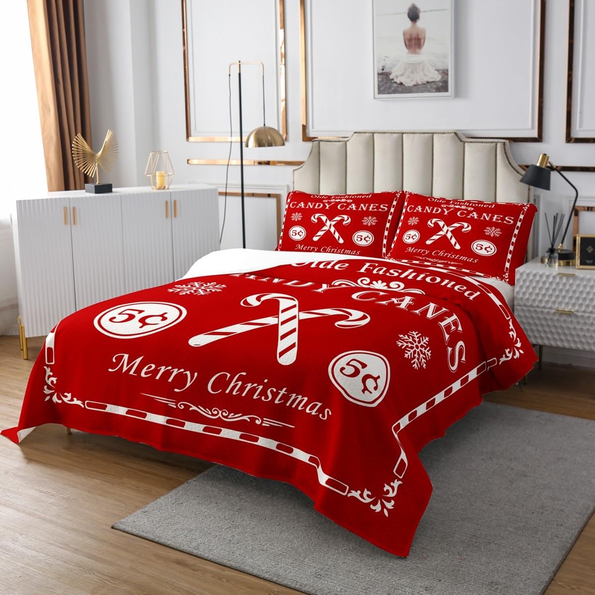 jejeloiu Christmas Bedspread for Kids Boys Girls Christmas Quote Quilted Coverlet Queen Size Candy Canes Print Coverlet Set Bedroom Decor Xmas Red Quilted 3Pcs