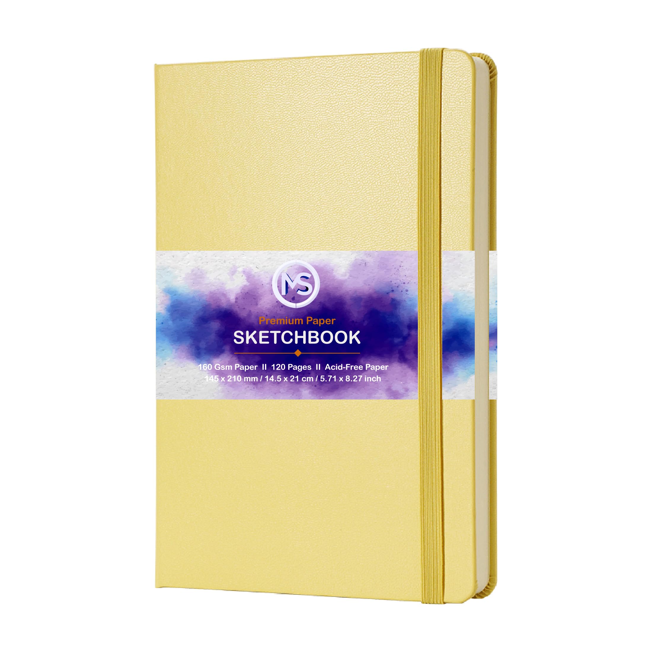 Sketchbook Journal Acid-Free 160gsm Paper 120 Pages (60 Sheets) Sewn Binding 5.8" X 8.3" A5 Leatherette Cover Watercolour Sketch Book for Artists Mixed Media Use (Light Yellow)