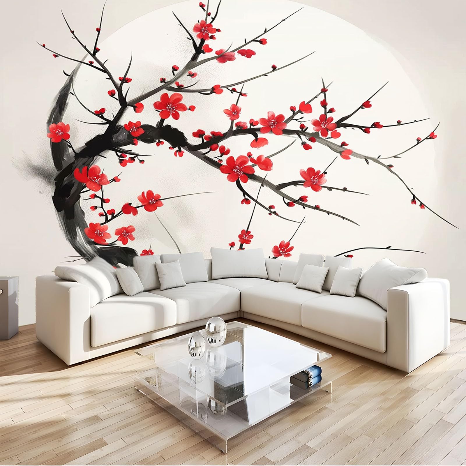 Peinture murale fleur de prunier style chinois pour une decoration interieure haut de gamme