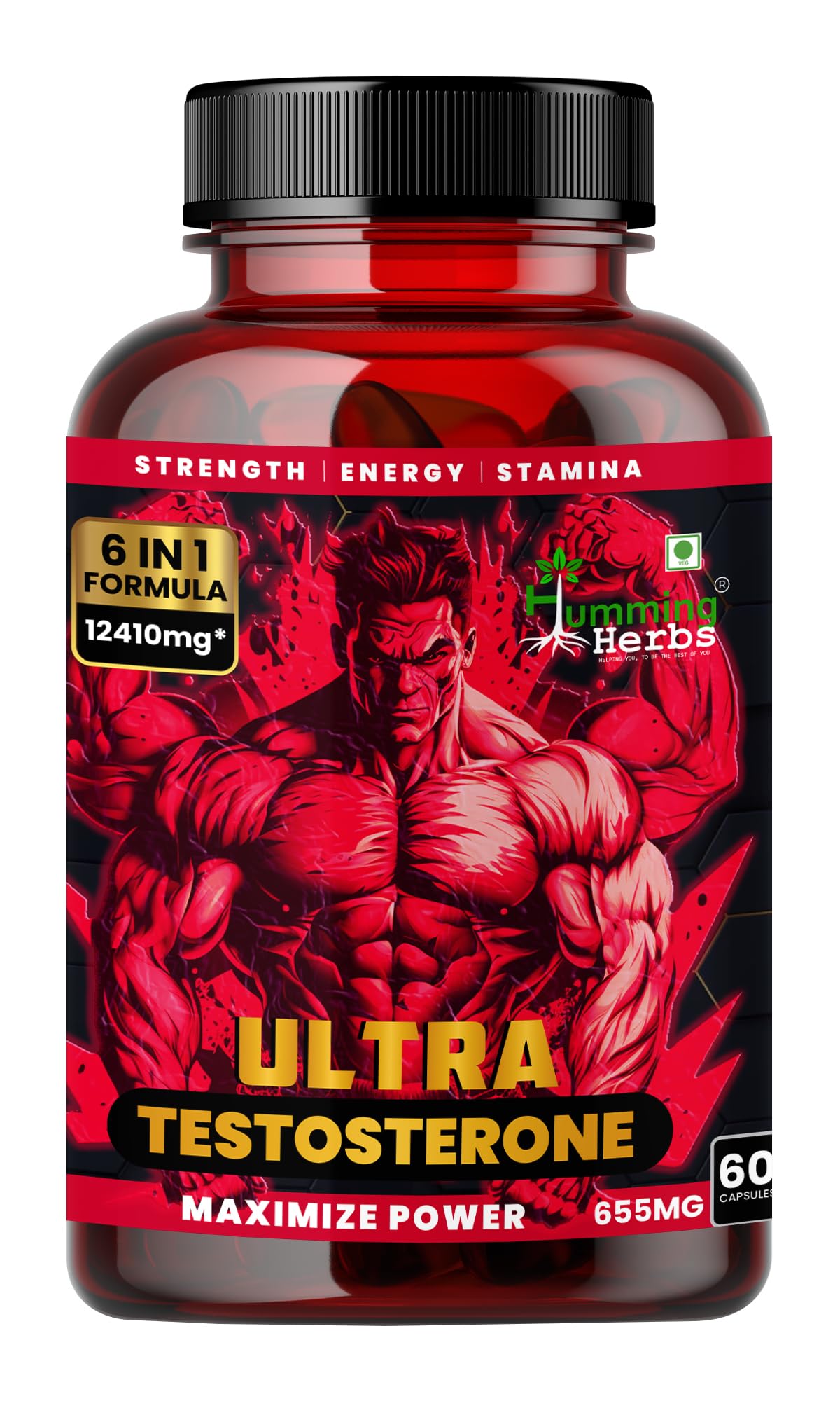 Humming Herbs Ultra Testosterone Booster with Tongkat Ali, Horny Goat Weed, Tribulus, Arginine | 6in1 | 12410 eqv | Boost Muscle Growth, Energy and Performance
