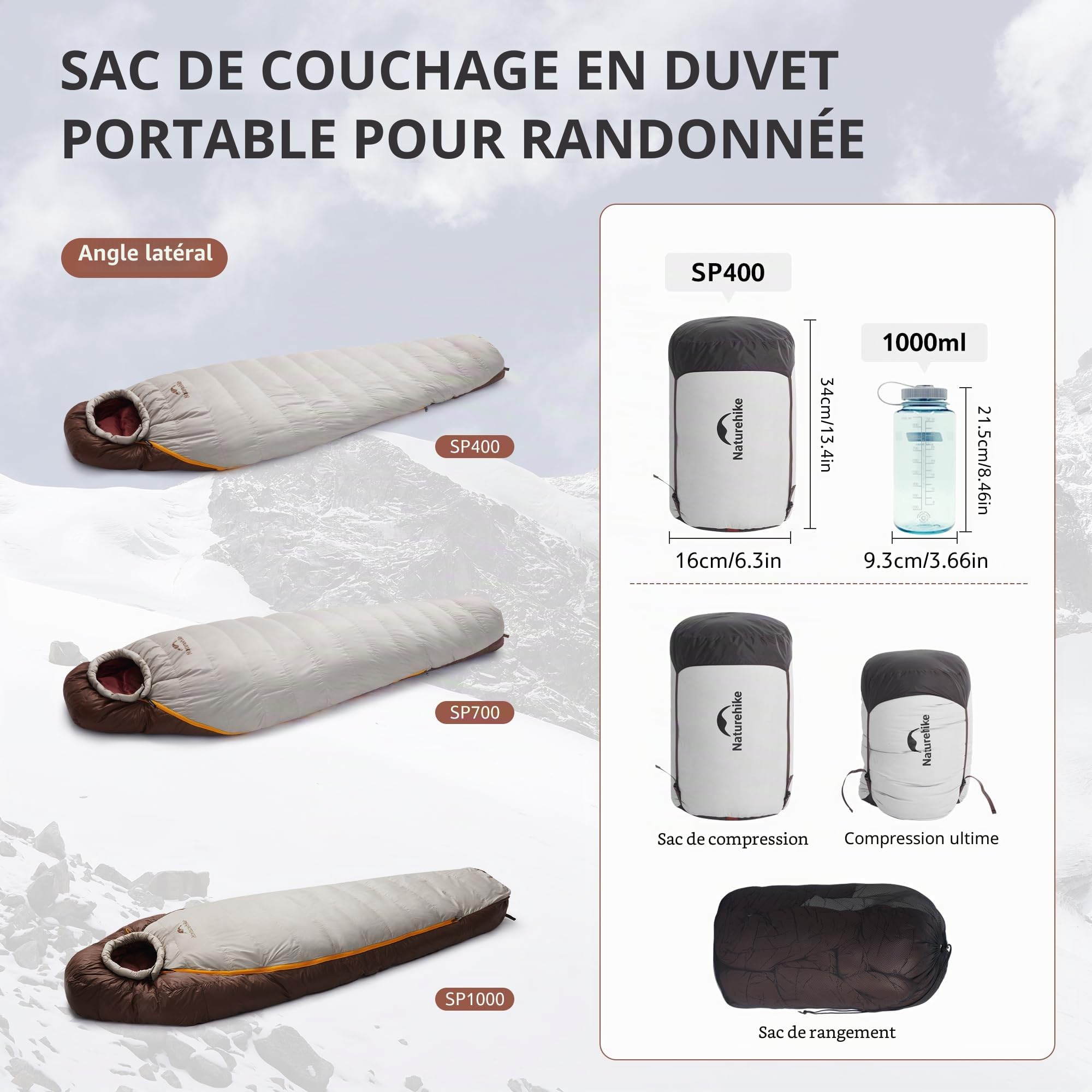 Naturehike Snowbird Duvet de Canard Sac de Couchage Momie, Sac de Couchage de Camping Professionnel en Plein Air, Unisexe - Sac de Couchage Adulte