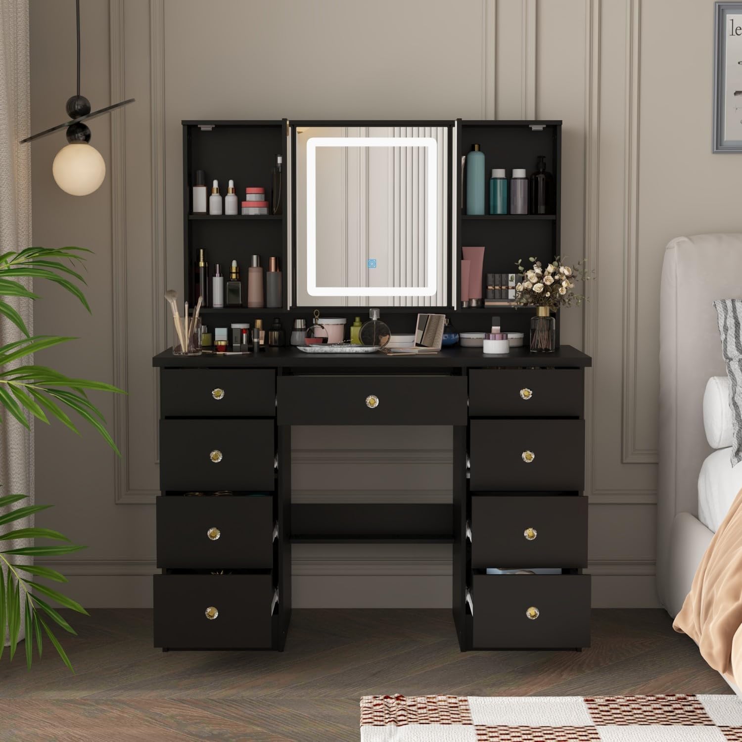 FUFU&GAGA Vanity Desk with Mirror and Lights, Large Makeup Vanity with 9 Drawers, Modern Dressing Table with Hidden Shelves for Bedroom, Black, 43.3”W x 19.7”D x 53.6”H