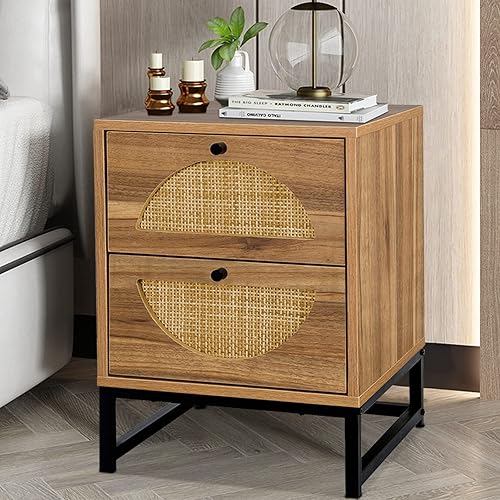 Miniatura 3 de Recaceik Ratten - Mesita de noche natural con 2 cajones de almacenamiento y patas de metal estante rústico para mesita de noche para sala de estar