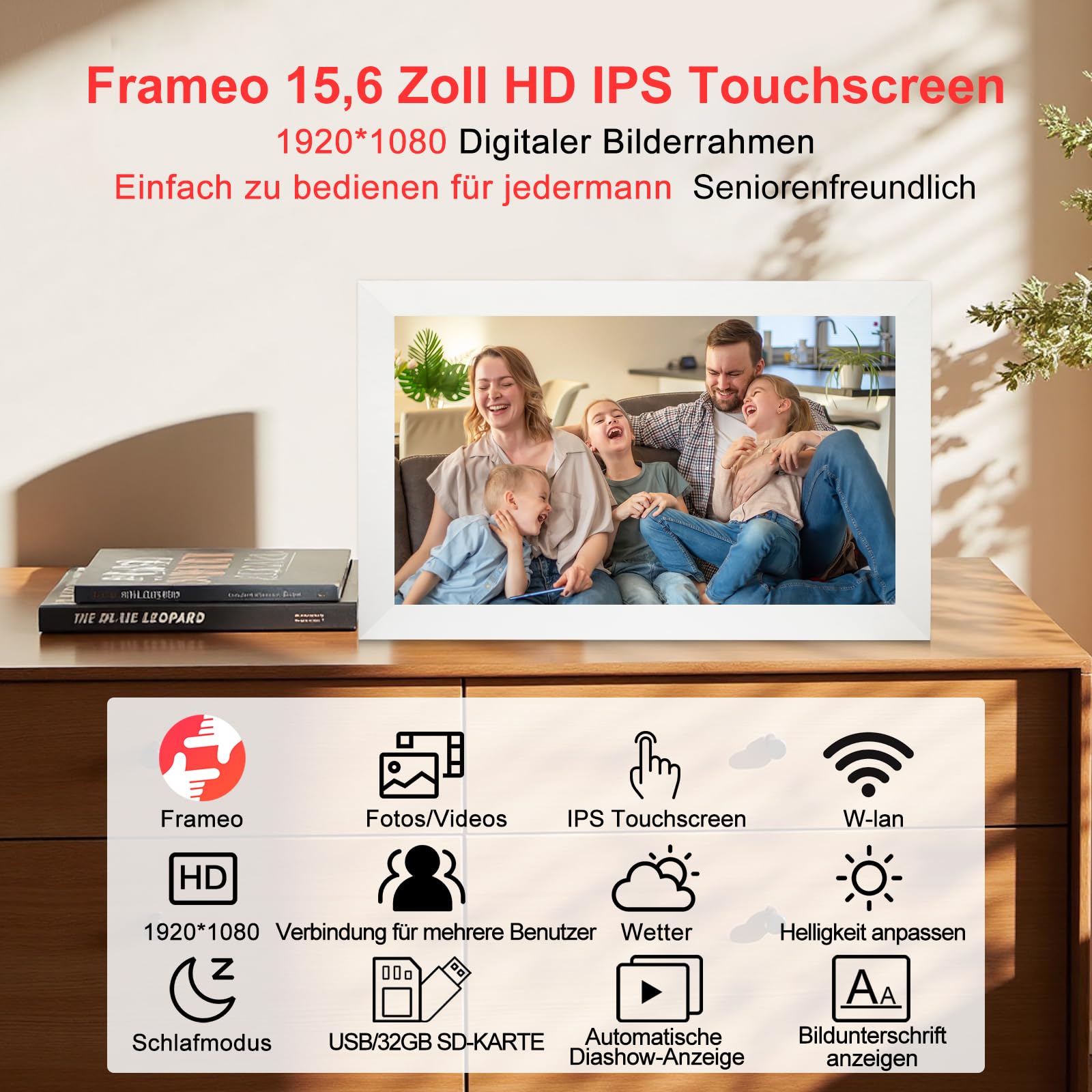 Frameo - Marco de fotos digital de 15,6 pulgadas con wifi, con pantalla táctil IPS HD de 1920 x 1080, 32 GB de memoria para compartir fotos/vídeos, dispositivo de mesa y pared, boda, cumpleaños