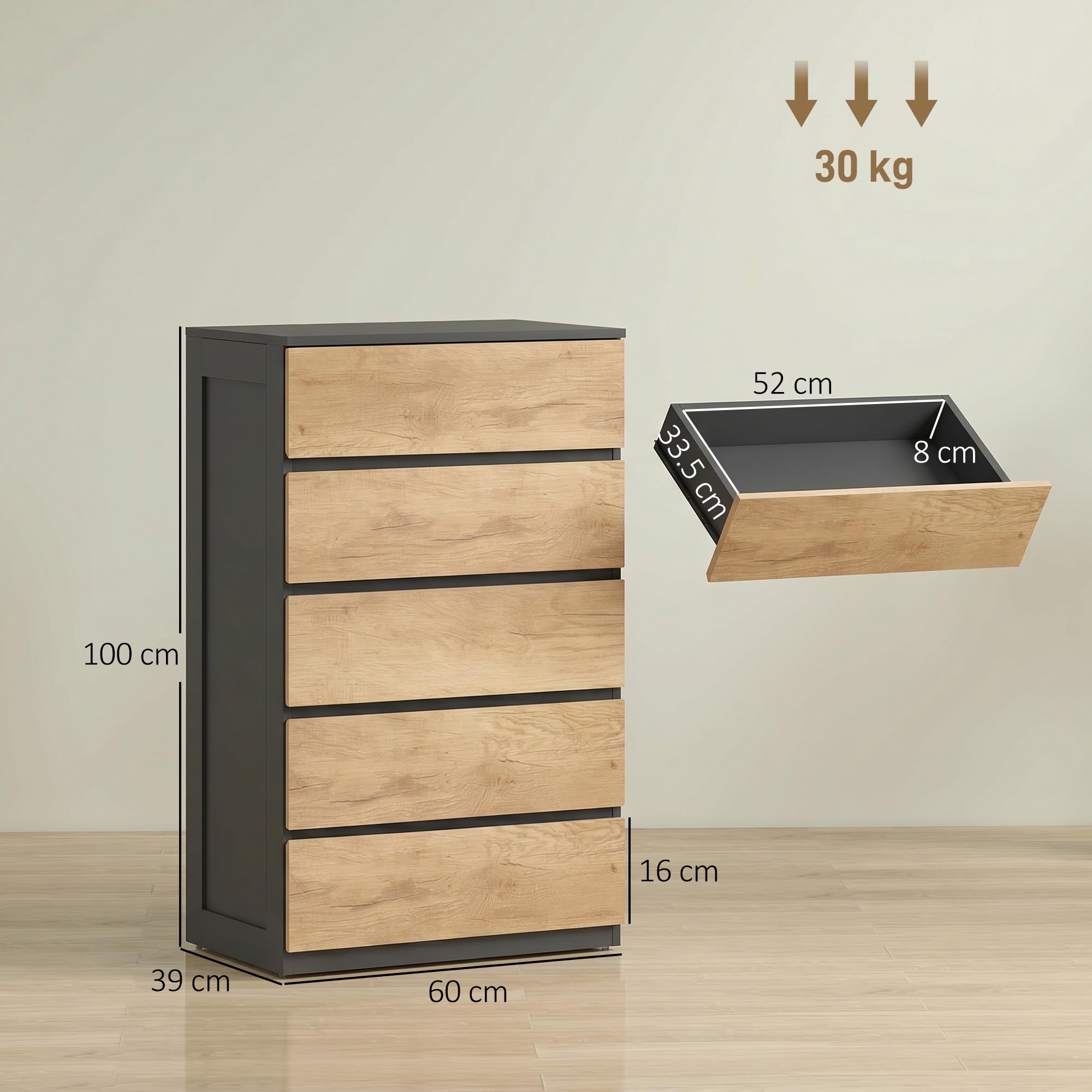 HOMCOM Cajonera dormitorio 5 cajones cómoda 60 x 39 x 100 cm negro roble | Cómoda de madera para dormitorio, sala de estar, comedor, pasillo