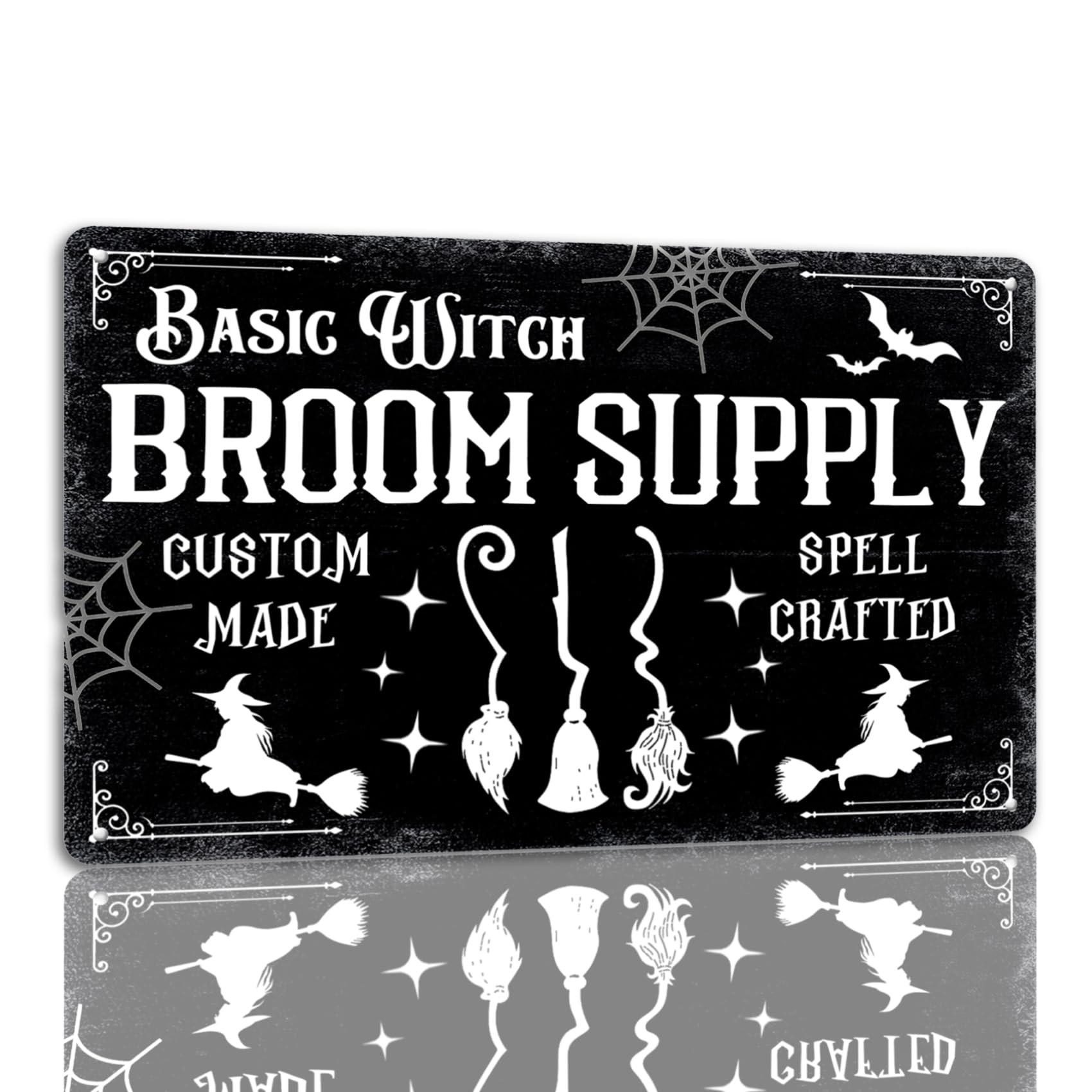 SMAZDFXX Basic Witch Broom Supply Tin Sign Halloween Metal Signs Autumn Witch Ghost Pumpkin Wall Decor Sign For Home Kitchen Cafe 5.5"x8"