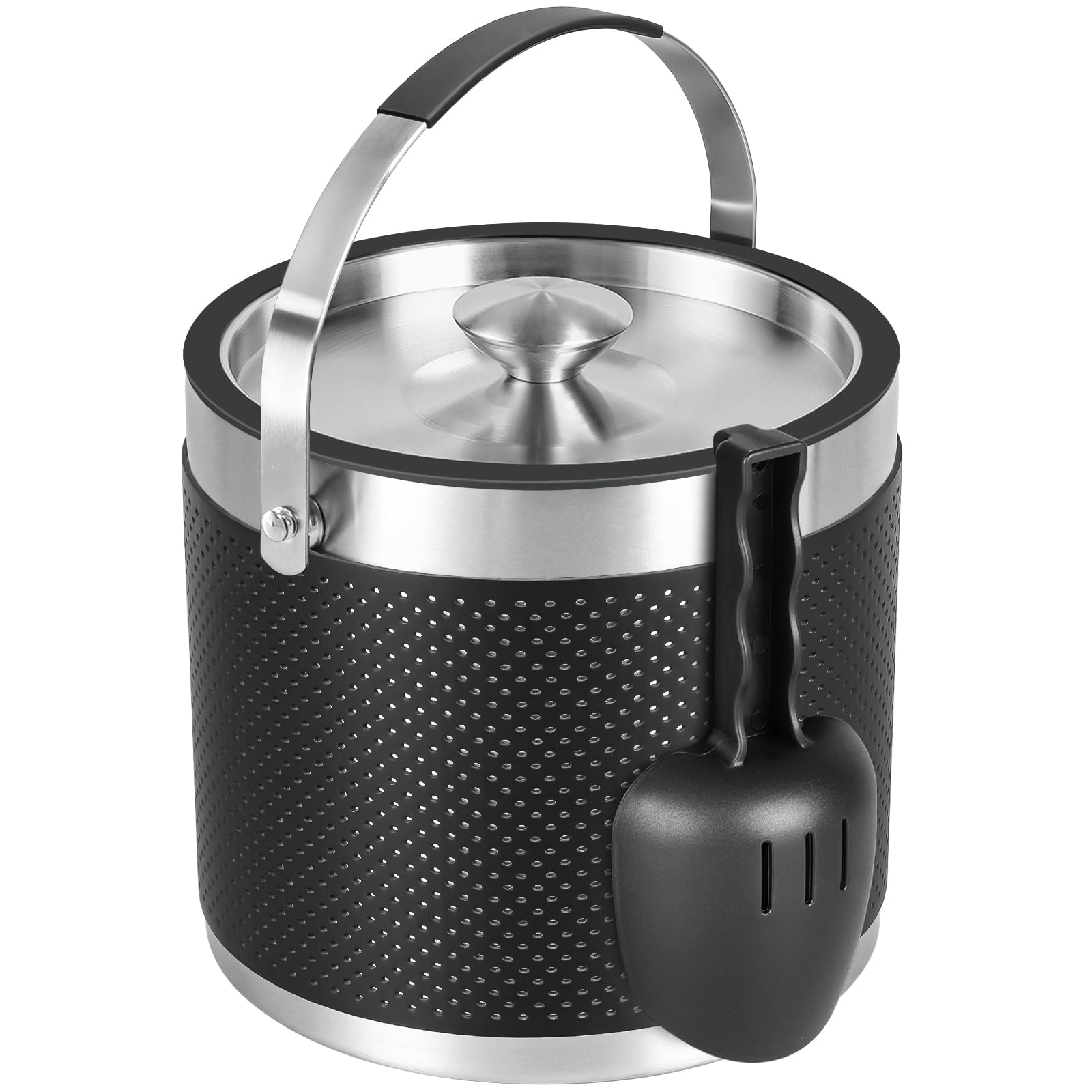 Cubo de hielo aislado de 3.2 L con tapa, cuchara, diseño de cuero, cubo de vino de acero inoxidable de doble pared para cóctel, bar, fiestas (negro)