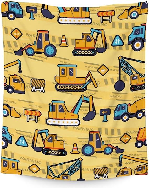 Construction Truck Blanket Gifts - 60x80 Inches Funny Throw Blanket for Boys & Kids - Yellow Soft Fuzzy Excavator Blankets for Bed, Couch & Living Room