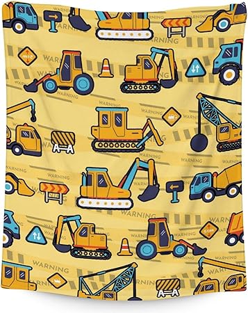 Construction Truck Blanket Gifts - 60x80 Inches Funny Throw Blanket for Boys & Kids - Yellow Soft Fuzzy Excavator Blankets for Bed, Couch & Living Room