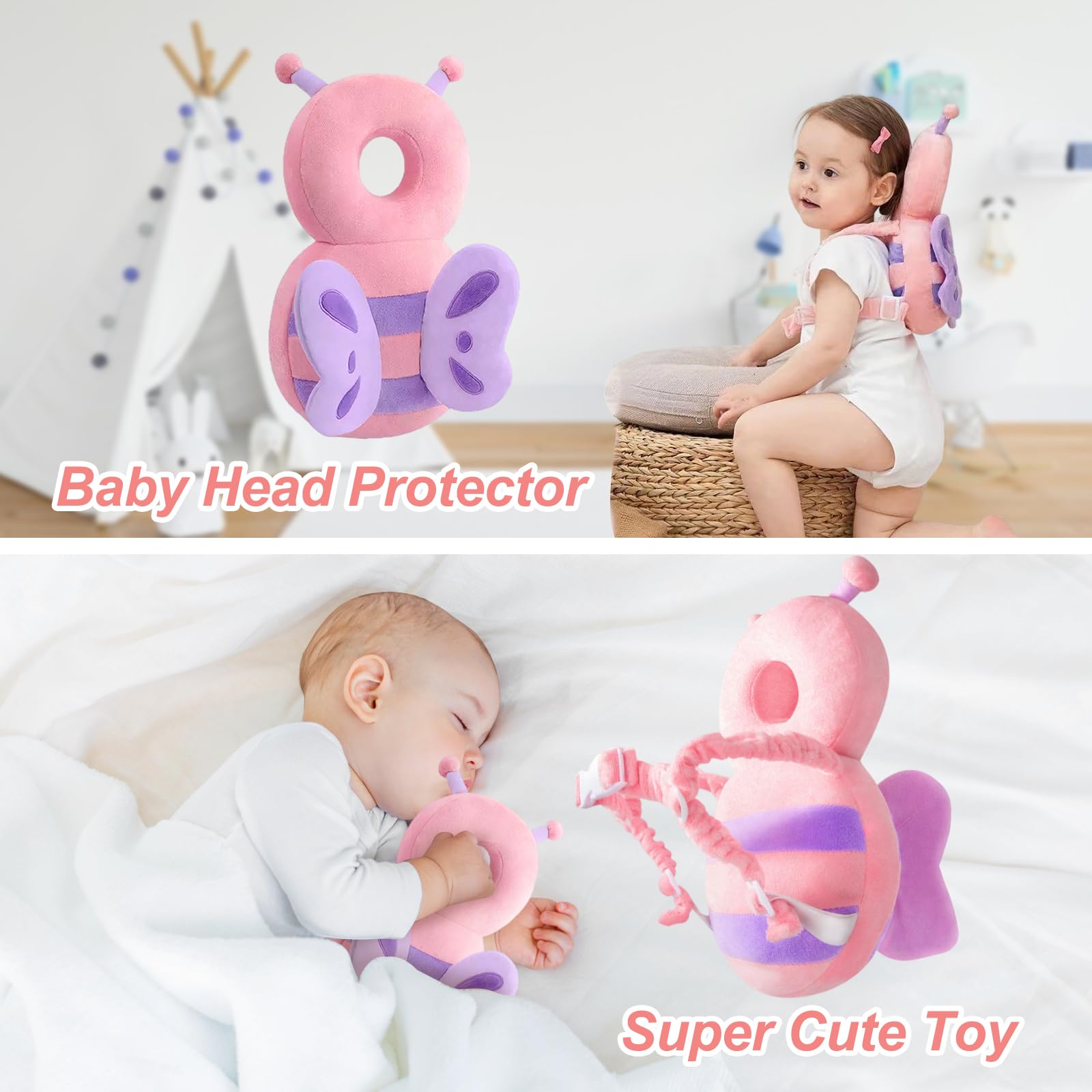 Zaino protettivo per la testa del bambino, cuscinetti di sicurezza regolabili per imparare a camminare, zaino per protezione della testa per bambini da 4 a 24 mesi che gattonano, farfalla in peluche