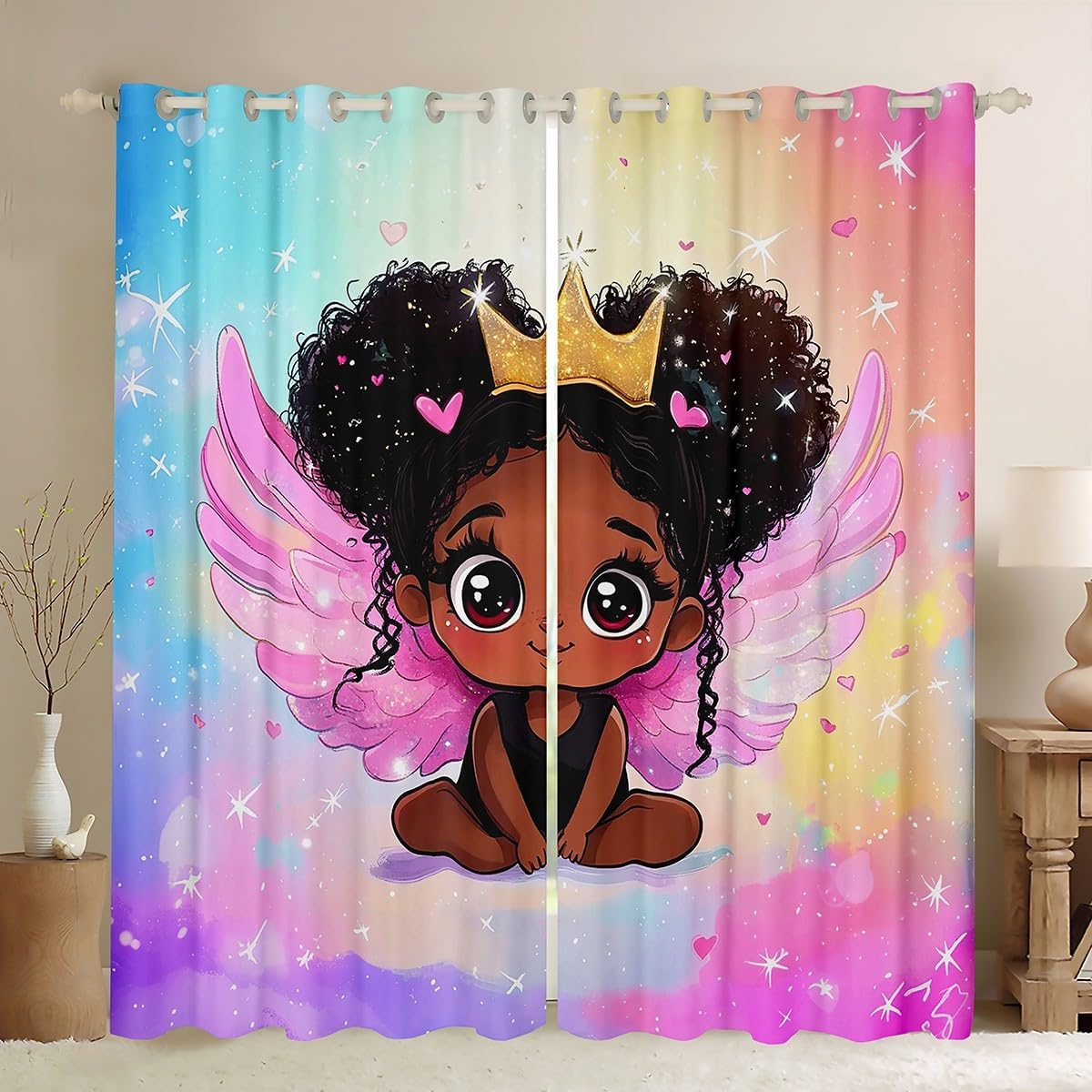 Manfei Cute Black Princess Curtains Kids Kawaii Princess Girl Curtain,Window Treatment Curtain for Boys Girls Room Decor,Luxury Crown Hearts Window Drapes,Top 2 Panel,52Wx84L