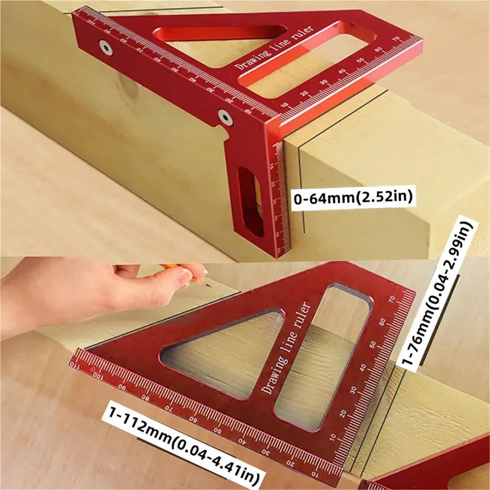 MRKU Goniometro, Squadra da Falegname - Goniometro per Lavorazione del Legno, Righello Triangolare in Alluminio per Angoli 3D 45/90 Gradi