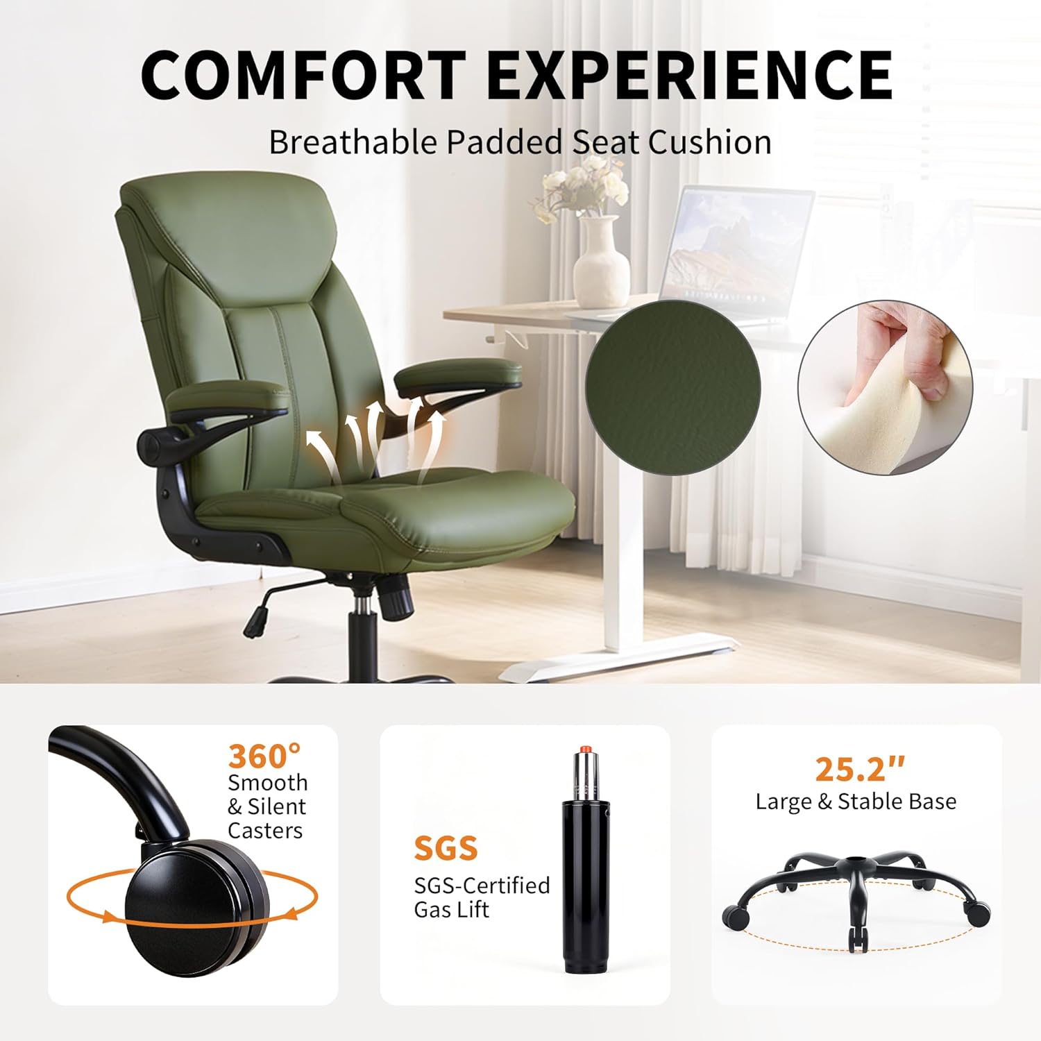 Home Office Ergonomic Desk Chair - Comfy Leather Executive Chair with Flip-Up Armrests, Height Adjustable Computer Chair for Gaming, 360° Swivel & Rocking (Green)