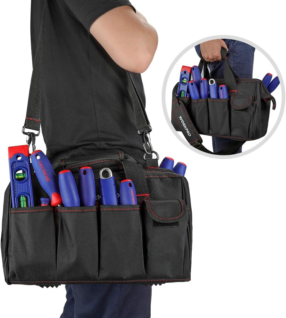 WORKPRO 14-inch Tool Bag, Multi-pocket Tool Organizer with Adjustable Shoulder Strap, W081021A , black - - 