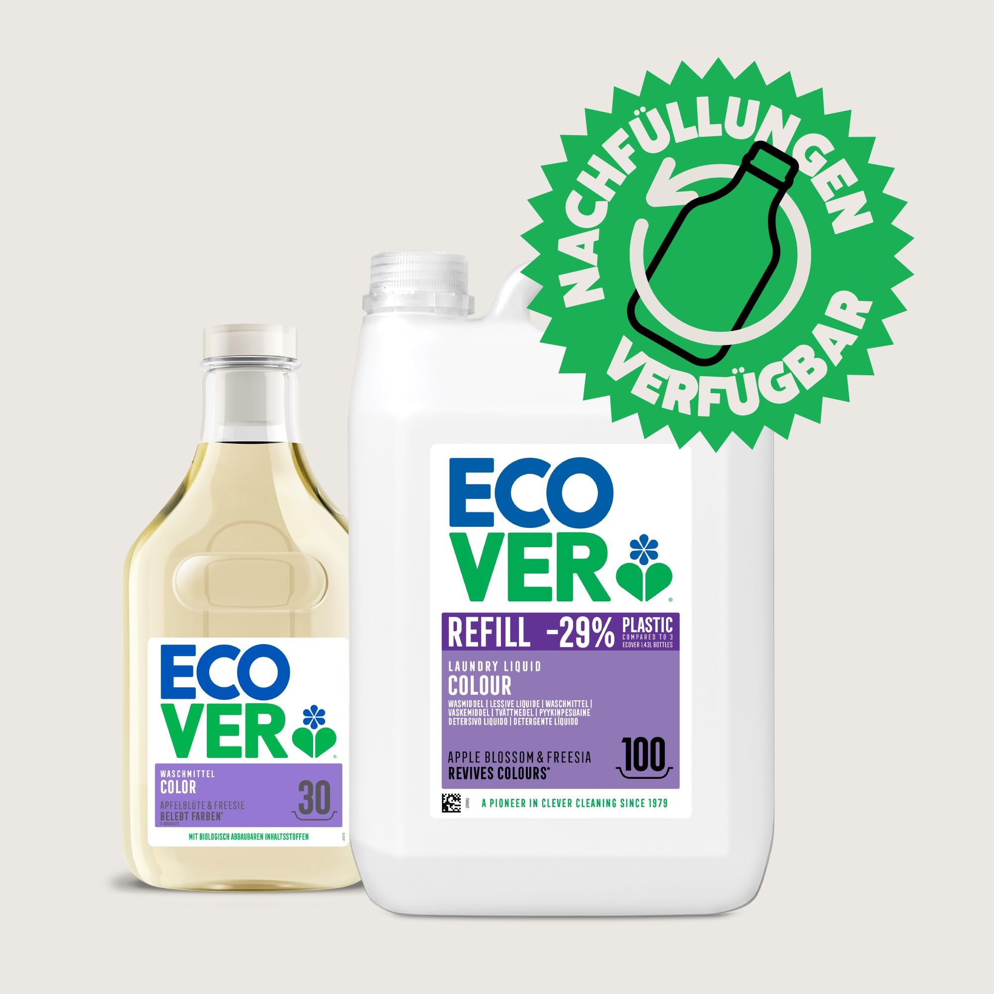Ecover Bio Waschmittel Color Apfelblüte & Freesien Nachfüllung, Flüssigwaschmittel, Colorwaschmittel für Erhalt und Schutz der Kleidung, 100 Waschladungen, 5L