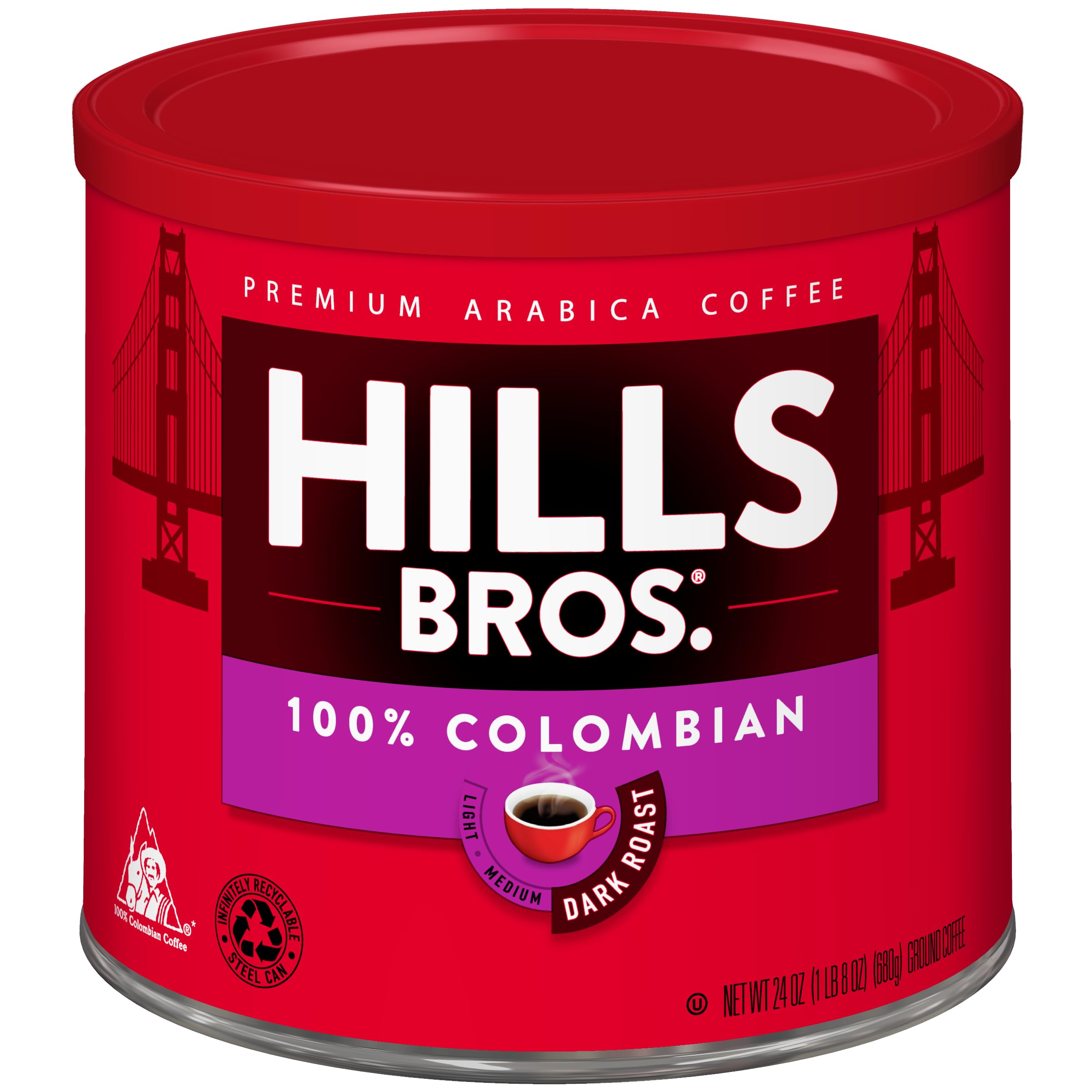 Hills Bros 100% Colombian Ground Coffee, Dark Roast, 24 Oz Can - Arabica Coffee Beans, Dark, Full-Bodied, Smooth Coffee