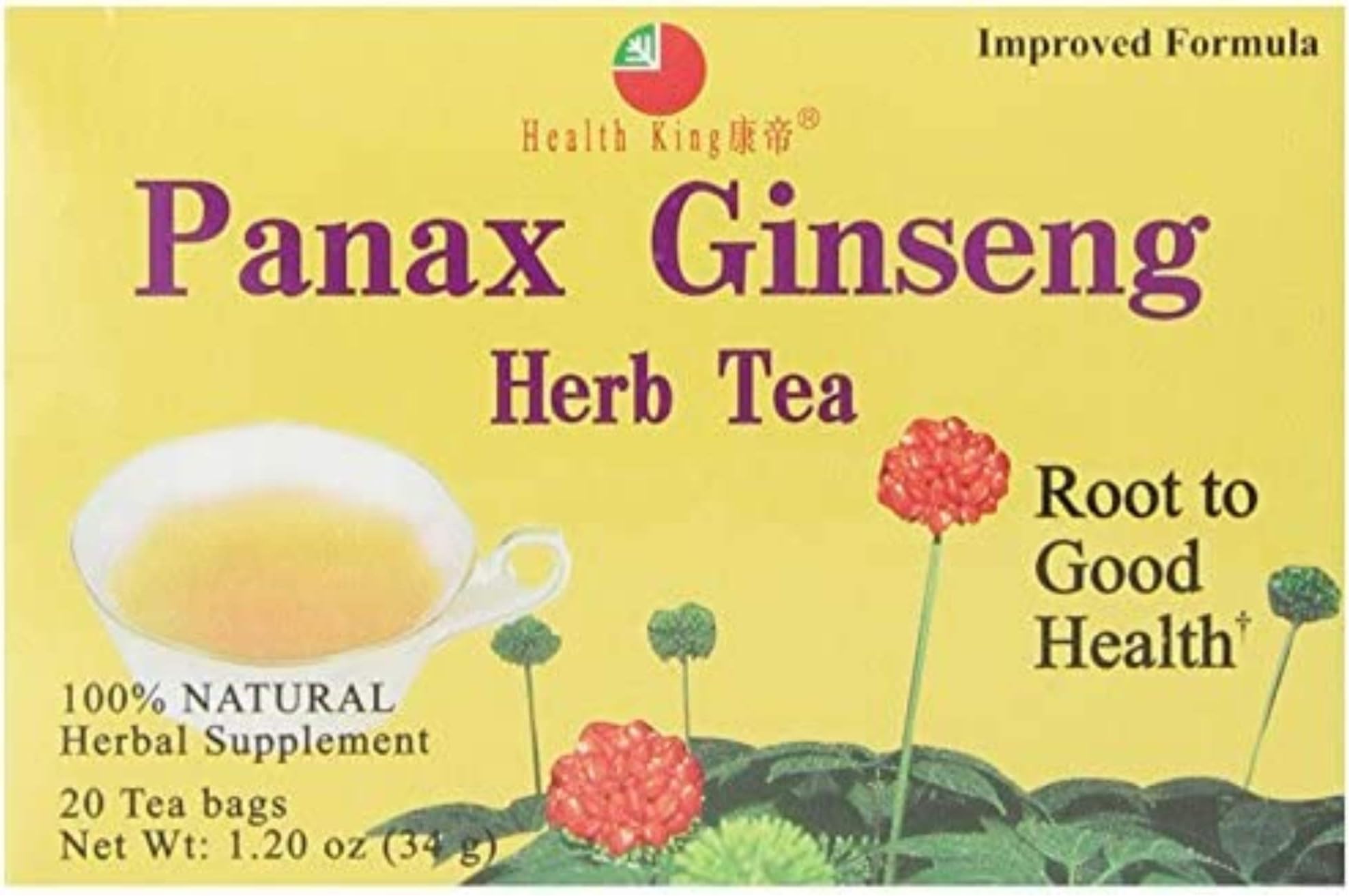 Health King Panax Ginseng Herb Tea, Teabags, 20 Count Box