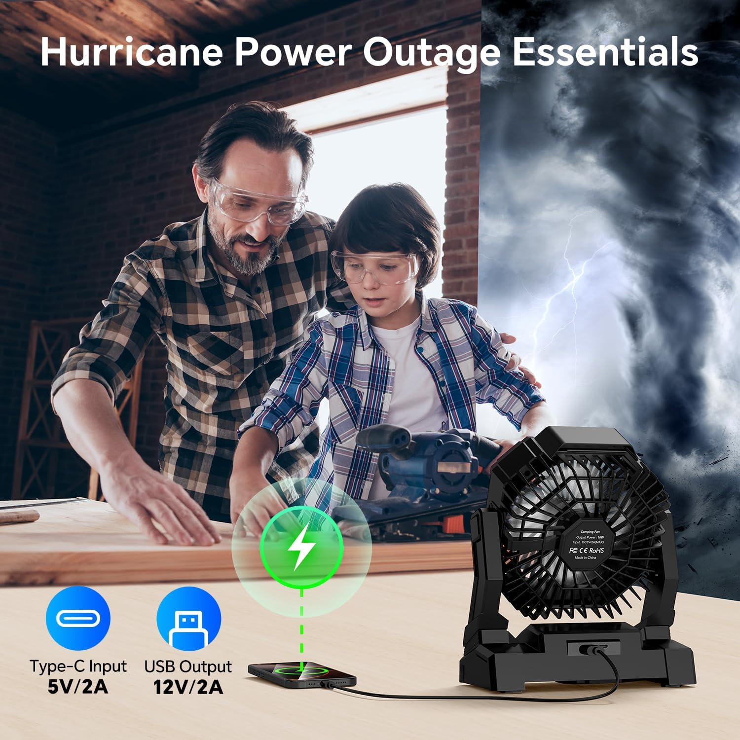 Portable Camping Fan with LED Lantern, 15000mAh Rechargeable Battery Operated Fan with 3 Speeds & Digtal, Personal USB Table for Camping Essential ＆ Hurricane-Ready