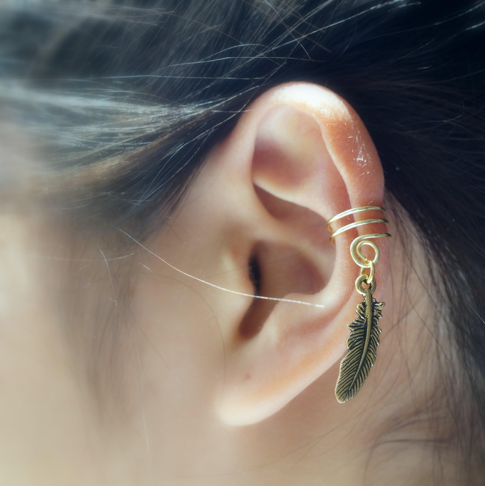 97) Antique Gold Color Feather Ear Cuff