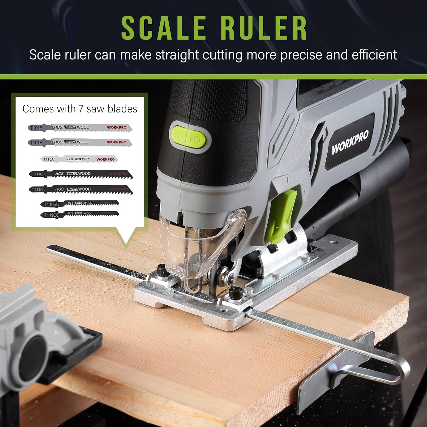 Jig saw with scale ruler attached for straight cuts