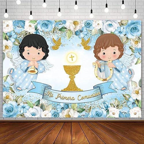 AIBIIN Telón de fondo de bautismo de niño de 7 x 5 pies Mi Primera Comunión, bautizo, fondo de fotografía, Dios bendiga la primera comunión, palomas
