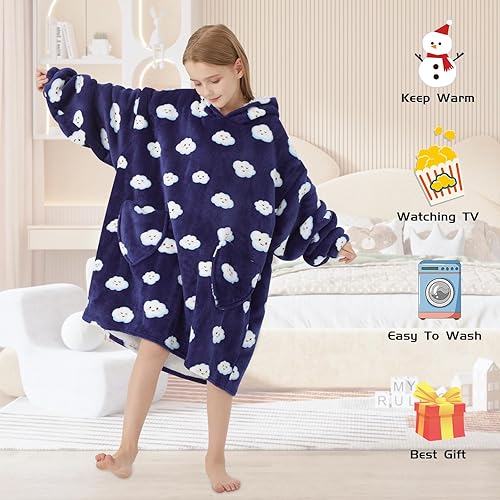 Miniatura 128 de Wearable Blanket Hoodie for Kids Oversized Sherpa Blanket Hoodie for Kids Boys Girls Teens 6-13YR,Navy Shark