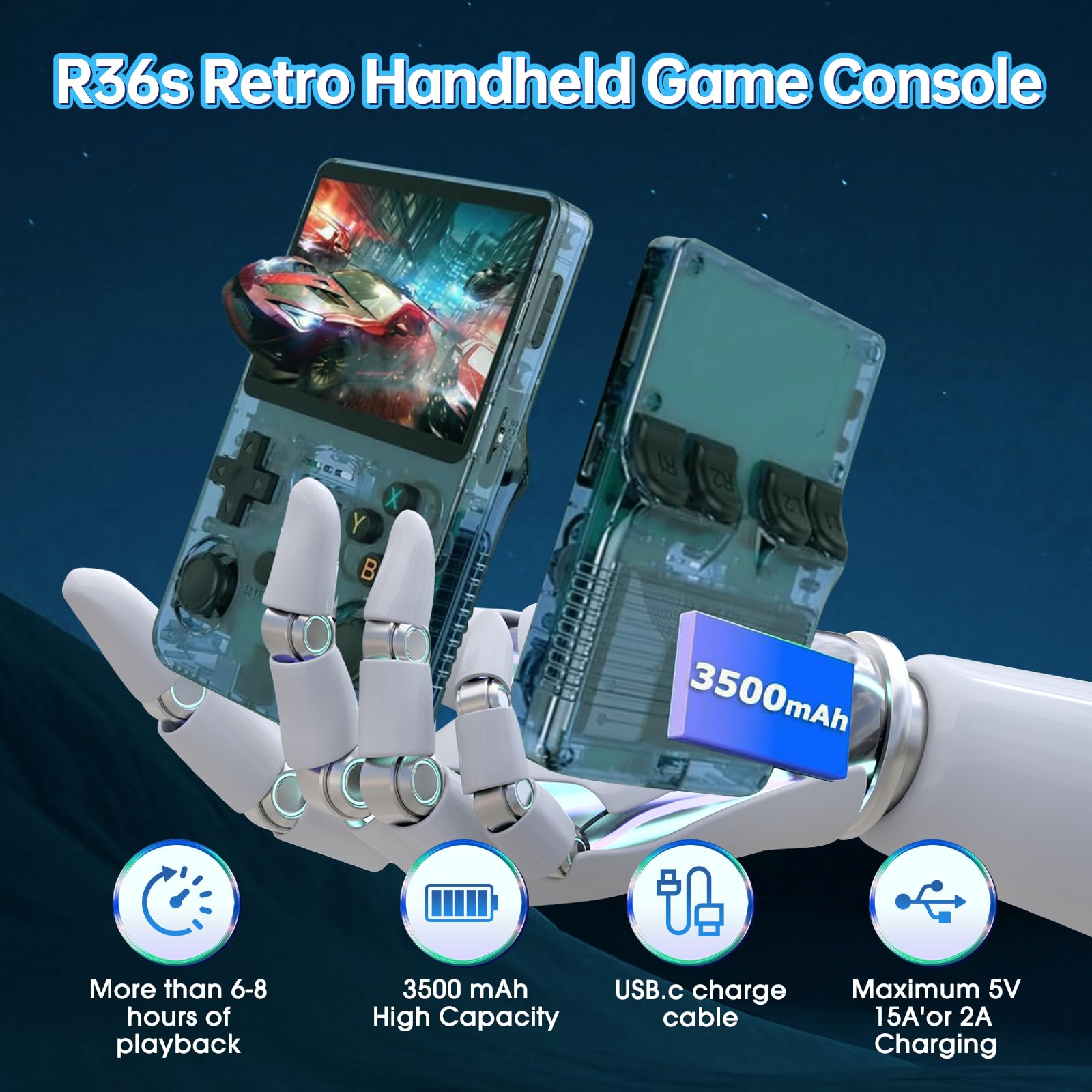 Console da gioco portatile R36S, schermo IPS HD da 3,5 pollici, oltre 30.000 giochi classici, design doppio joystick, ricordi d'infanzia, opzioni di archiviazione da 64 Gb/128 GB