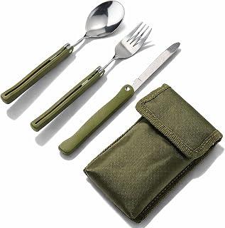 3 Stück Camping Besteck, Campingbesteck Klappbar, Edelstahl Reisebesteck Mit Tasche, Outdoormesser Gabel Löffel Set, Essbesteck Mit Tasche, Multifunktions Reisebesteck Für Camping, Picknick