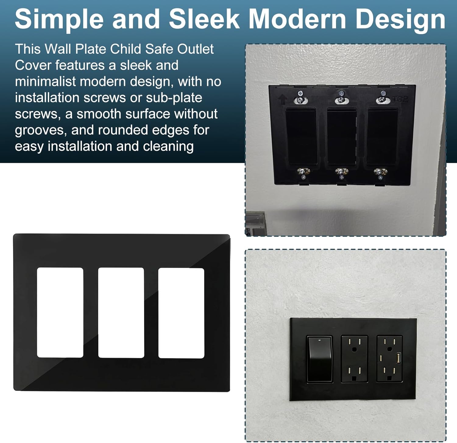 Matte Black 3-Gang Screwless Decorative Wall Plates, Wall Plate Child Safe Outlet Cover, Unbreakable Polycarbonate Thermoplastic for Leviton 80311-SE, Screw Smooth Face Switch Plates, 3-Pack