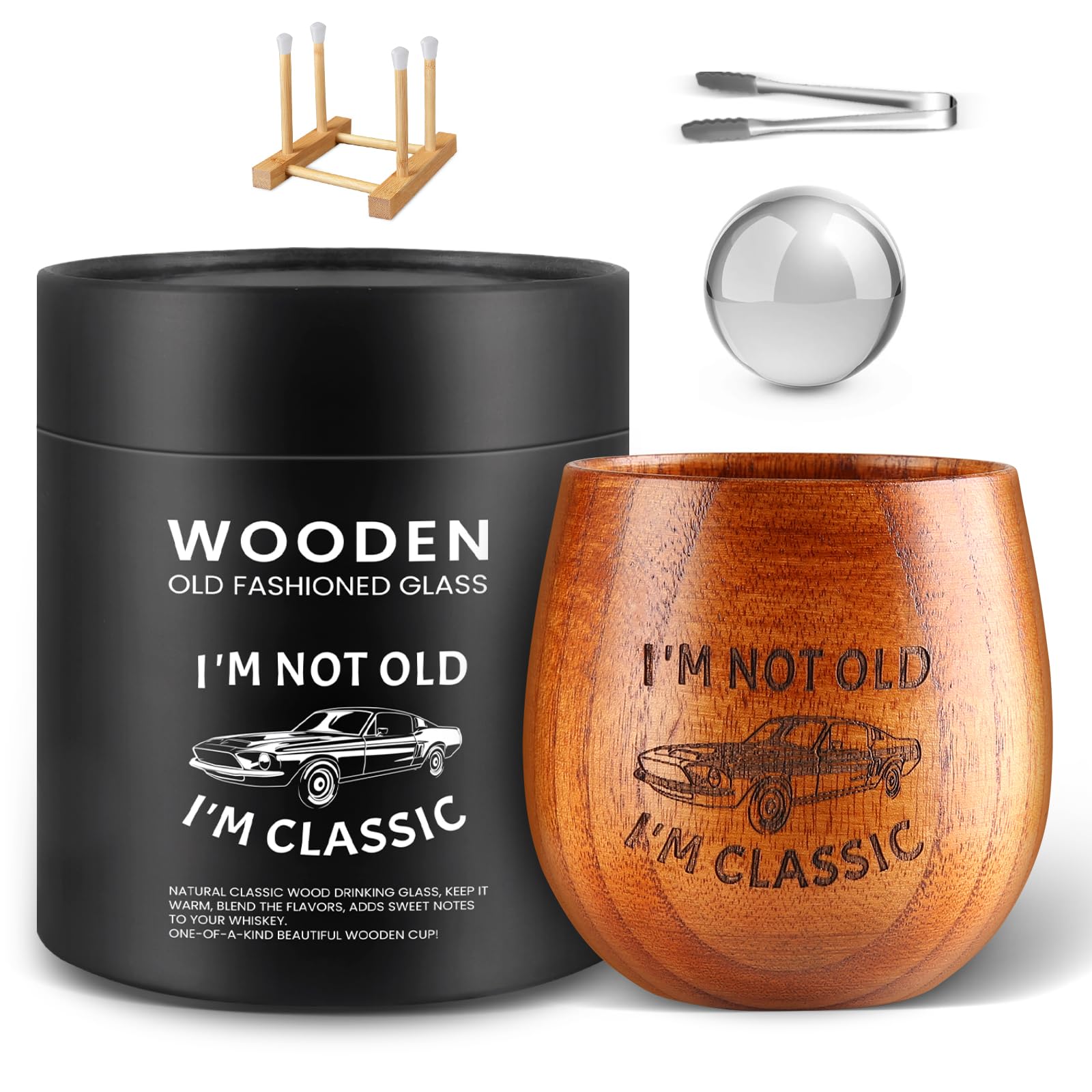 GENUINED Bourbon Gifts for Men, 8oz Engraved Wooden Whiskey Glasses, Original Old Fashioned Wooden Bourbon Drinking Glass(1 Pack)