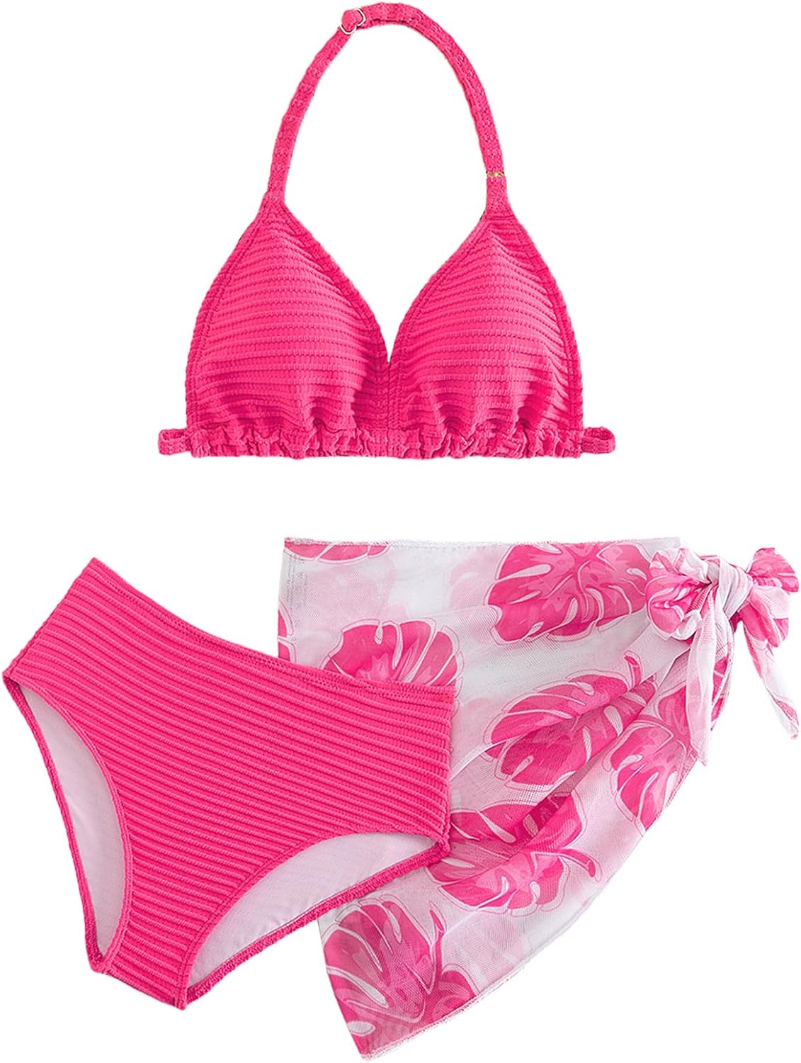 Girl's 3 Piece Bikini Sets Floral Boho Halter Swimsuit High Waisted Bathing Suits Beach Cover Ups