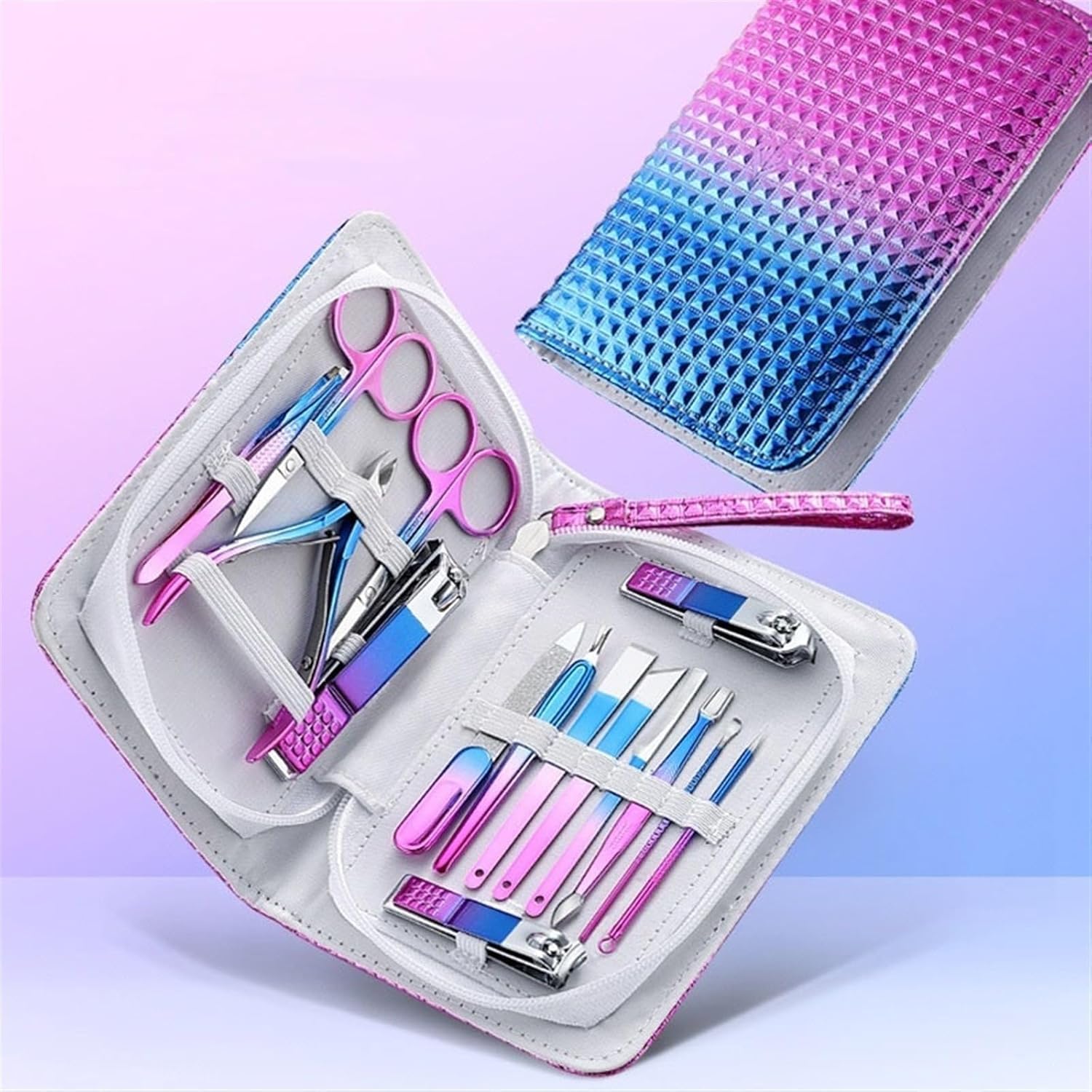 Kit per Manicure in Acciaio Inossidabile da 13 Pezzi, Strumenti Professionali per la Cura della Pedicure con Lussuosa Custodia da Viaggio e Set di tagliaunghie