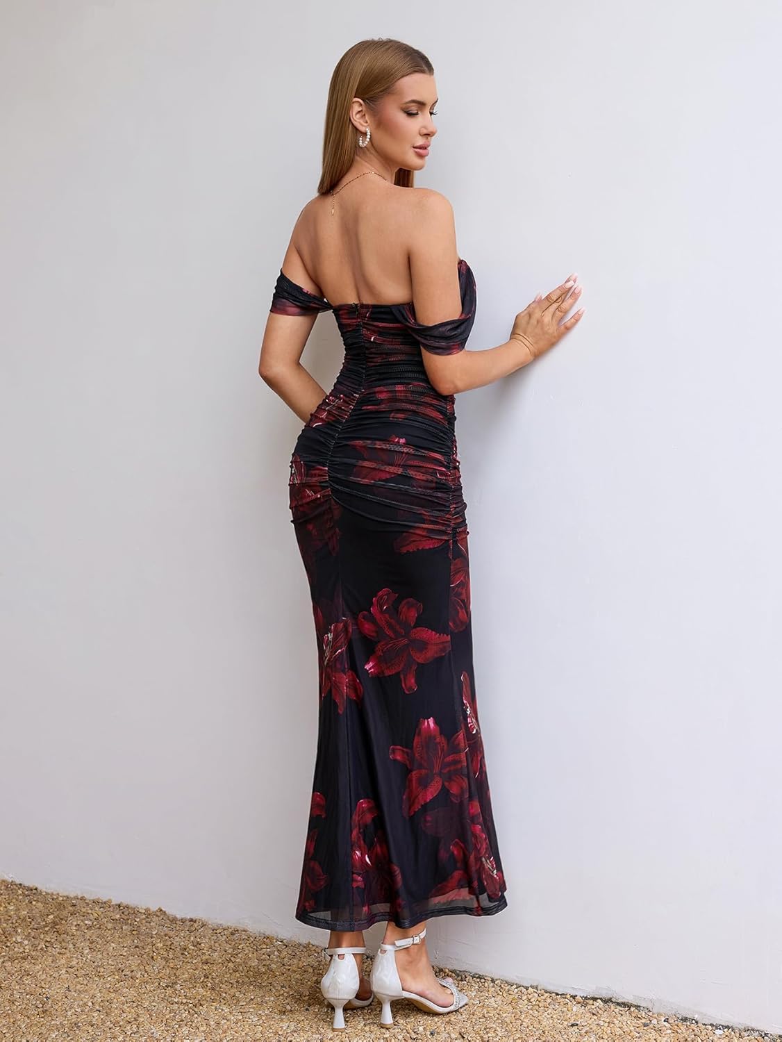 KUTUMAI Off The Shoulder Maxi Long Dress Corset Ruched Bodycon Formal Wedding Guest Dresses for Women - Image 3