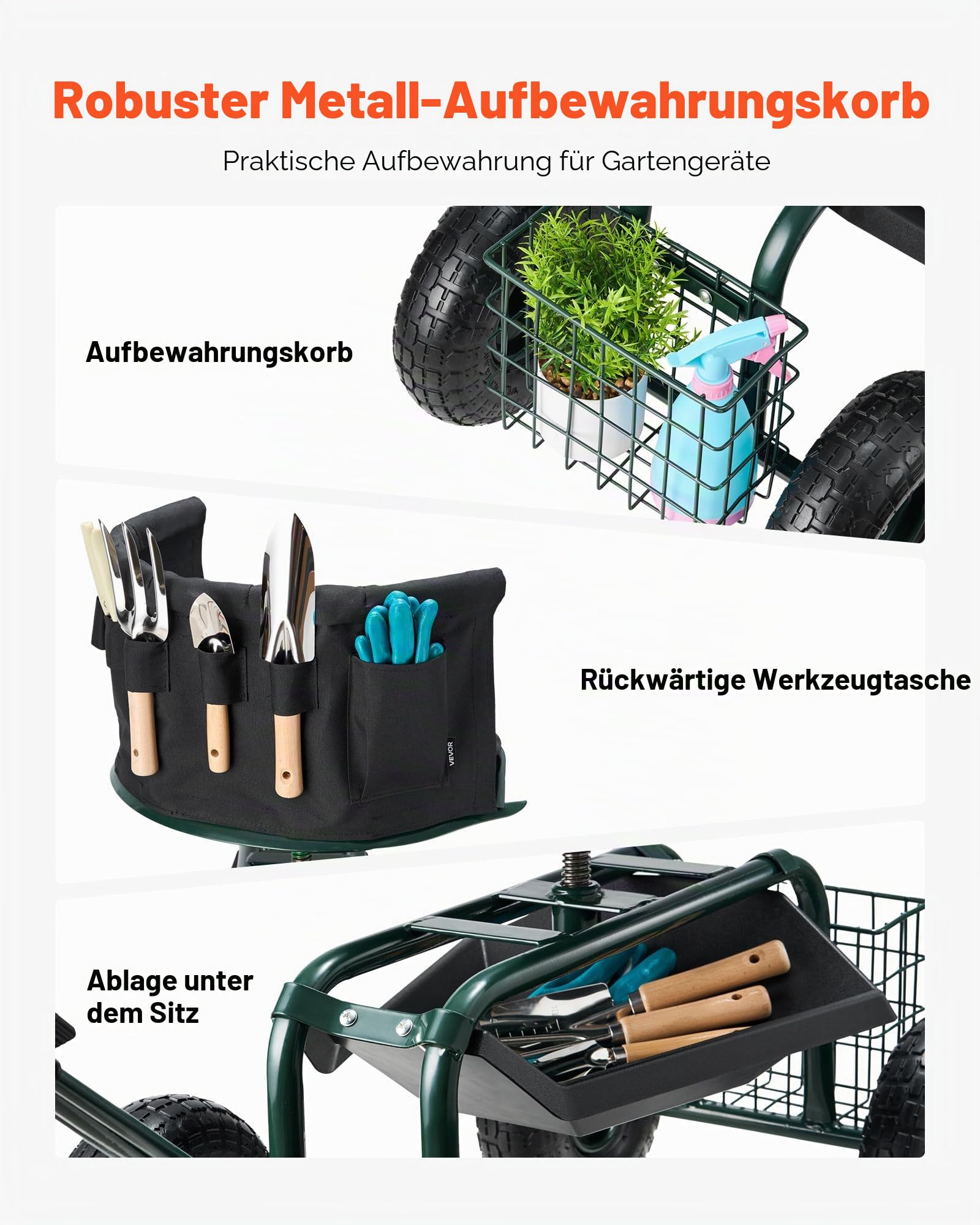 VEVOR Mobiler Gartensitz 810x480x690/770 mm, Gartenrollsitz mit höhenverstellbarer & um 360° drehbarer Sitzfläche, Tragkraft 180 kg, Rückenlehne & Werkzeugaufbewahrung, für Garten, Hof, Terrasse