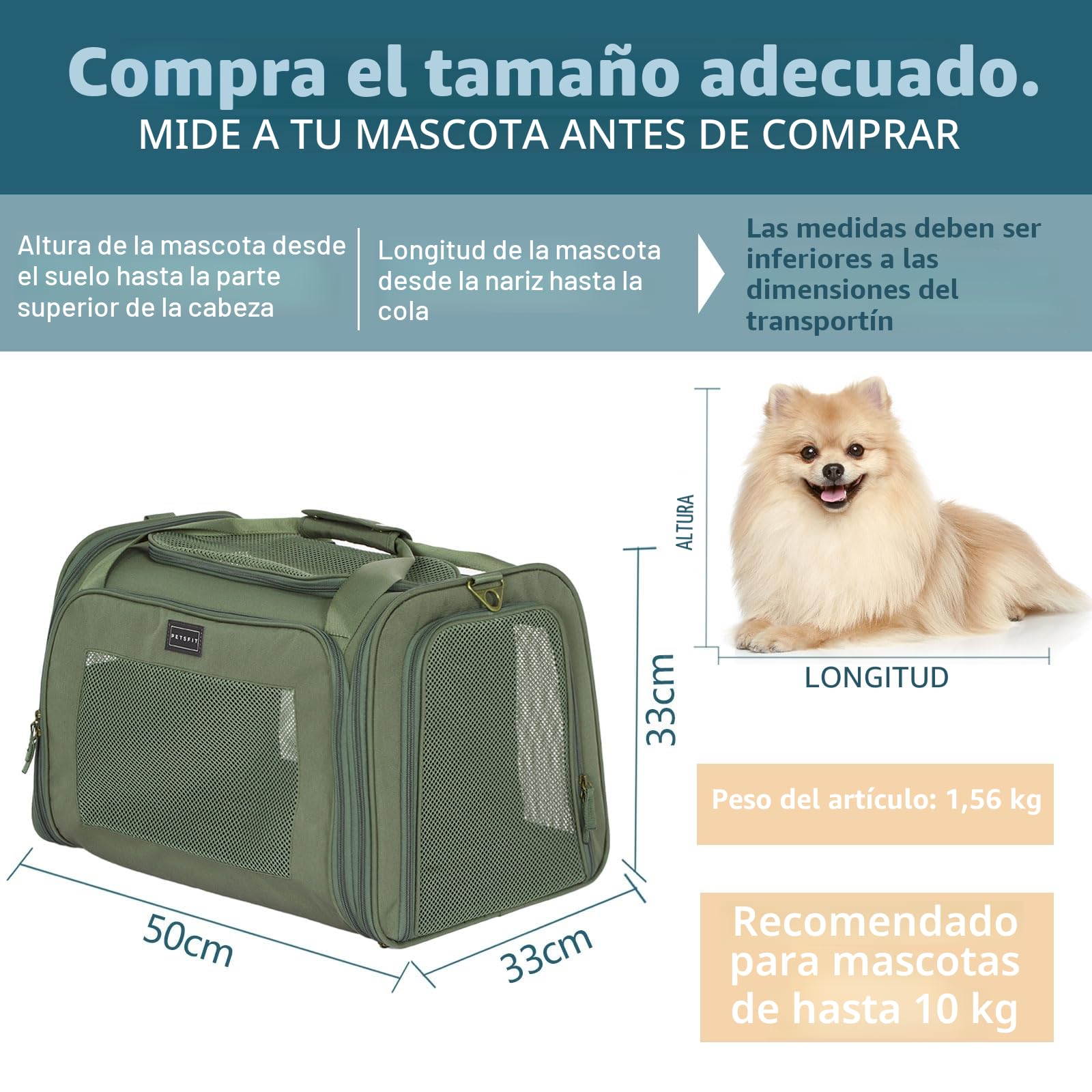 Petsfit Transportín Perro Gato Plegable Transportin Gato Mochila Mediano Grande Bolso Perro Pequeño Transpirable con Tirantes Ajustables y Acolchado Suave Coche y Tren, L/Verde