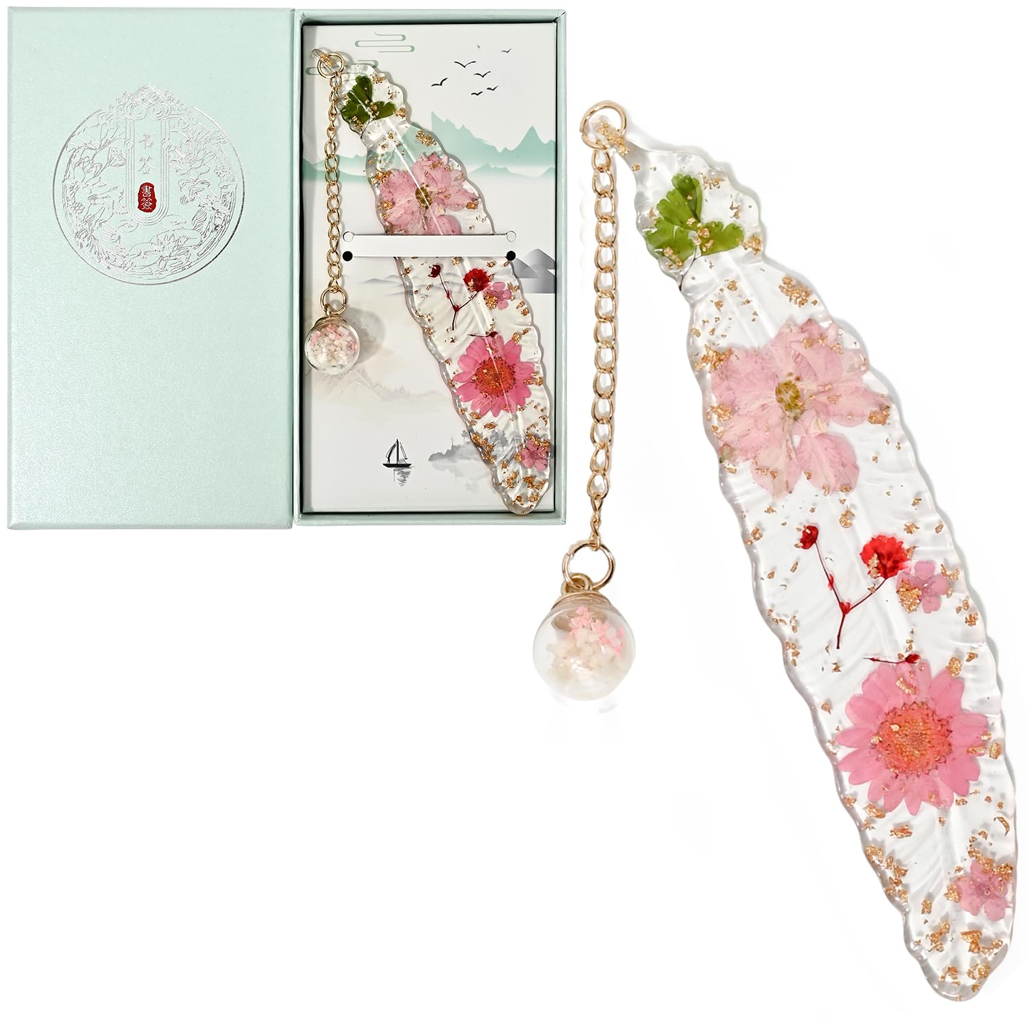 Pressed Flower Bookmark Pendant Bookmark Handmade Resin Book Lover Gift for Women, Teachers, Mothers（Pink）