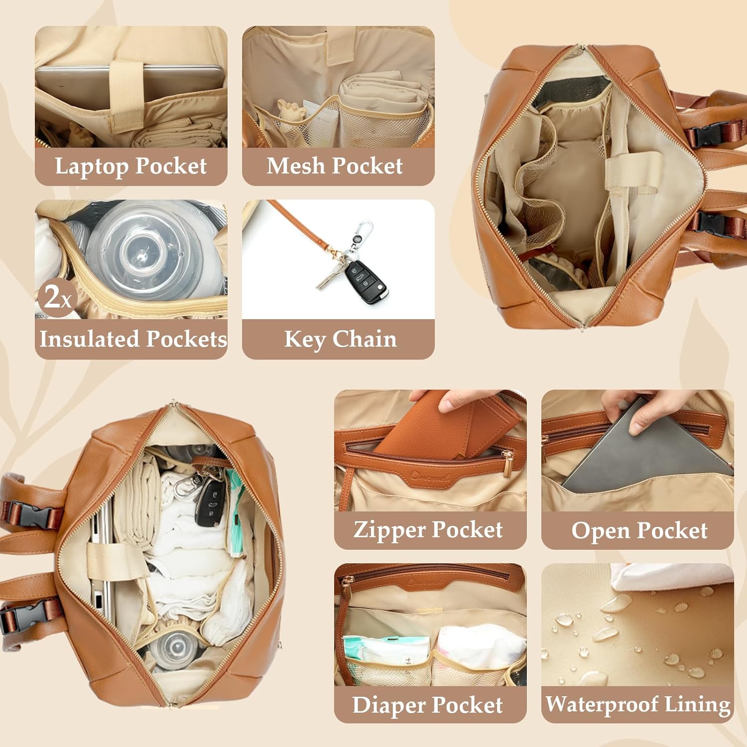 Omanmoli Diaper Bag Backpack Baby Diaper Bag with 15 Pockets Travel Backpack,2 Insulated Pockets,Stroller Straps,Changing Pad,Brown