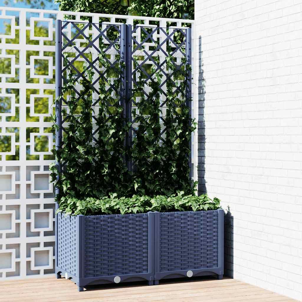Jardiniere de Jardin avec Treillis Bleu Gris en PP 80 x 40 x 136 cm, bac Plante Fleur Interieur Exterieur Balcon terrasse Jardin, Support Culture Drainage Reserve Eau