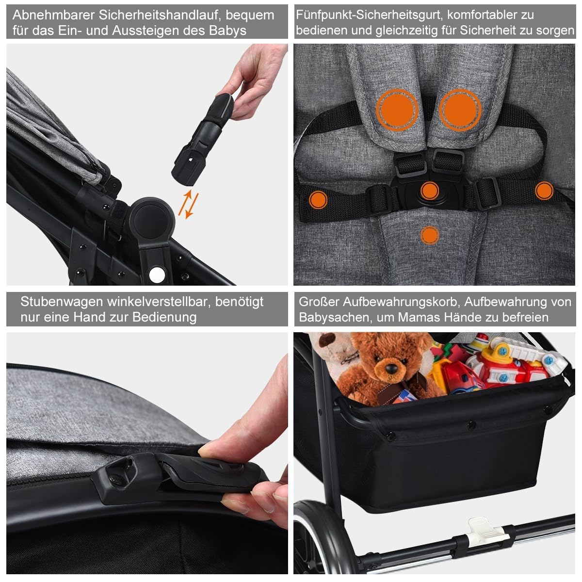 COSTWAY 2 in 1 Kinderwagen mit umkehrbarem Sitz faltbar, Kombikinderwagen mit Liegefunktion, verstellbarer Rückenlehne & Sonnenschutz, Reisebuggy tragbar, Reisesystem für Baby bis 3 Jahren (Grau)