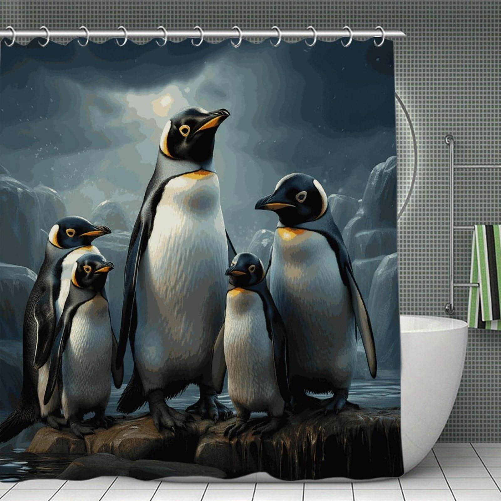 FekiLoot Penguin Family Shower Curtain Minimalist Aesthetic Bath Curtain with Hooks Simple Water Resistant Bathroom Shower Curtains Cute Blackout Privacy Curtains Cloth Curtain
