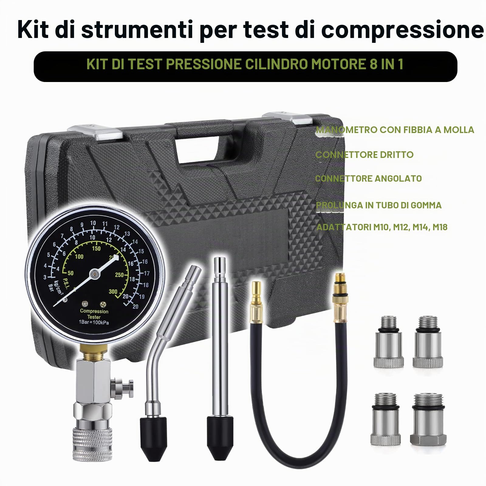 Tester di compressione per cilindri, tester di compressione per motori a benzina, auto e moto kit tester di compressione strumento diagnostico