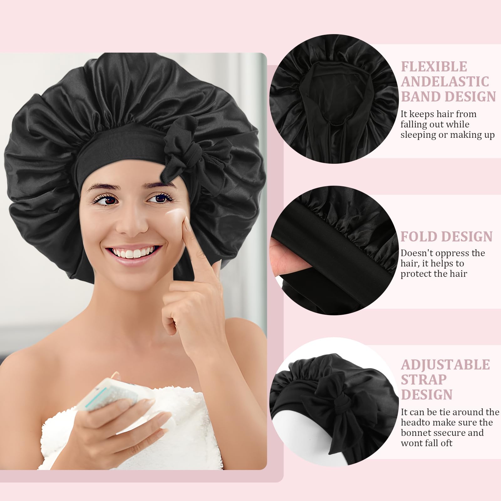 RVLZKCPG Pack of 2 Silk Bonnet for Sleeping Adjustable Silk Bonnet with 2 Hair Elastics, Wide Satin Hair Cap for Night Black, Pink - Image 3