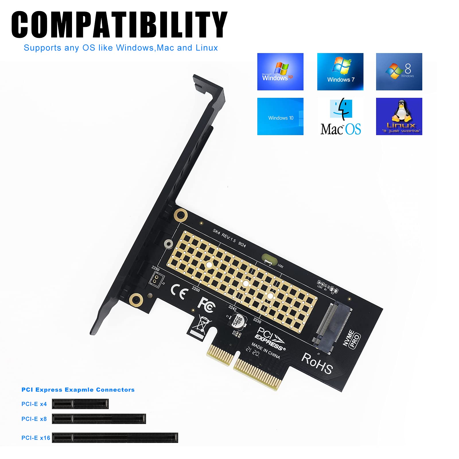 Adaptador M.2 NVME SSD a PCIe 3.0/4.0 x4 con solución de disipador térmico de aluminio compatible con unidades de estado sólido 2280, 2260, 2242, 2230 4