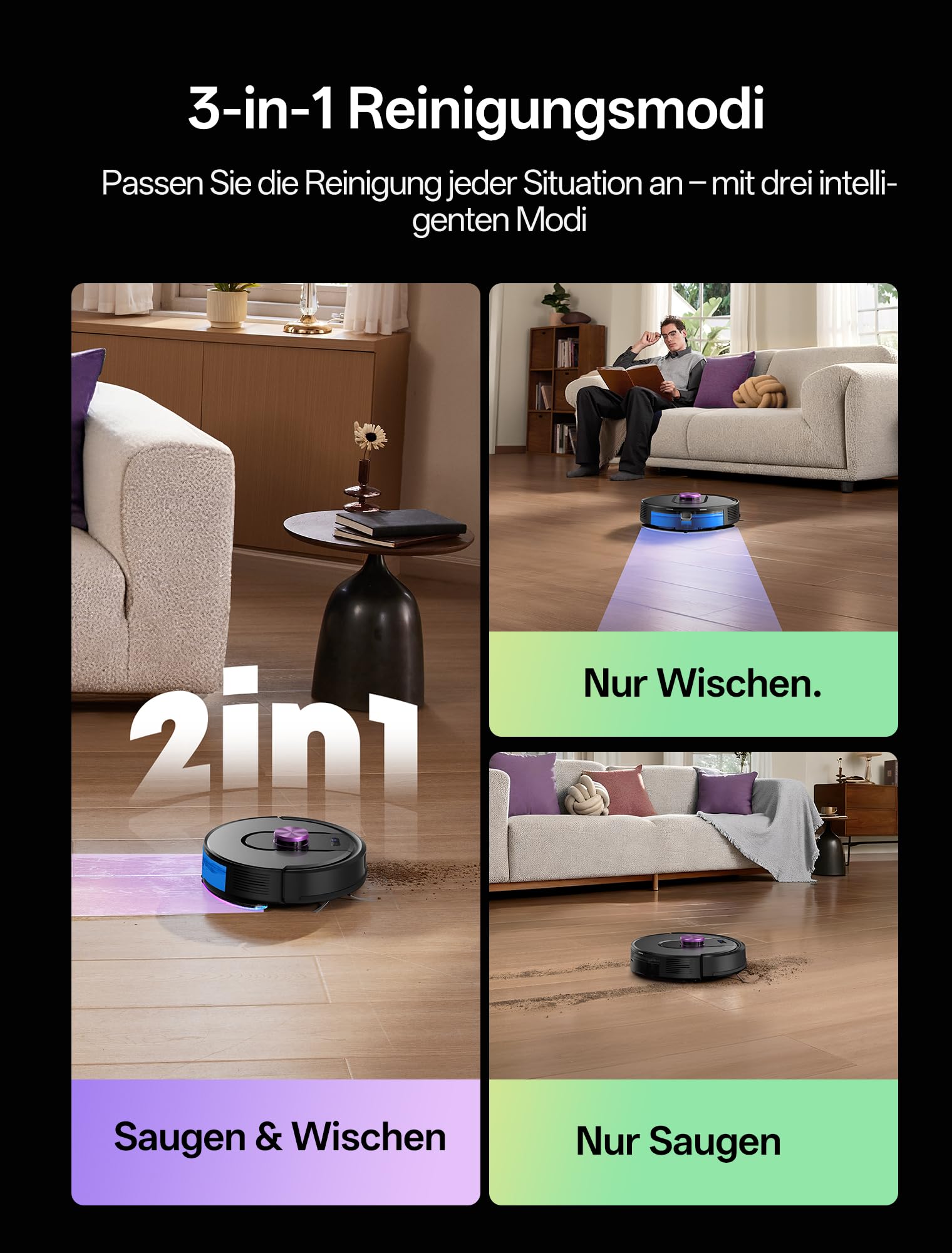 Vexilar Saugroboter mit Wischfunktion, beutelloser Multi-Zyklon Saugroboter mit Absaugstation, 10.000Pa & 200 Min Staubsauger Roboter, 3-in-1 Saug und Wischroboter für Tierhaare & Teppich (Schwarz)